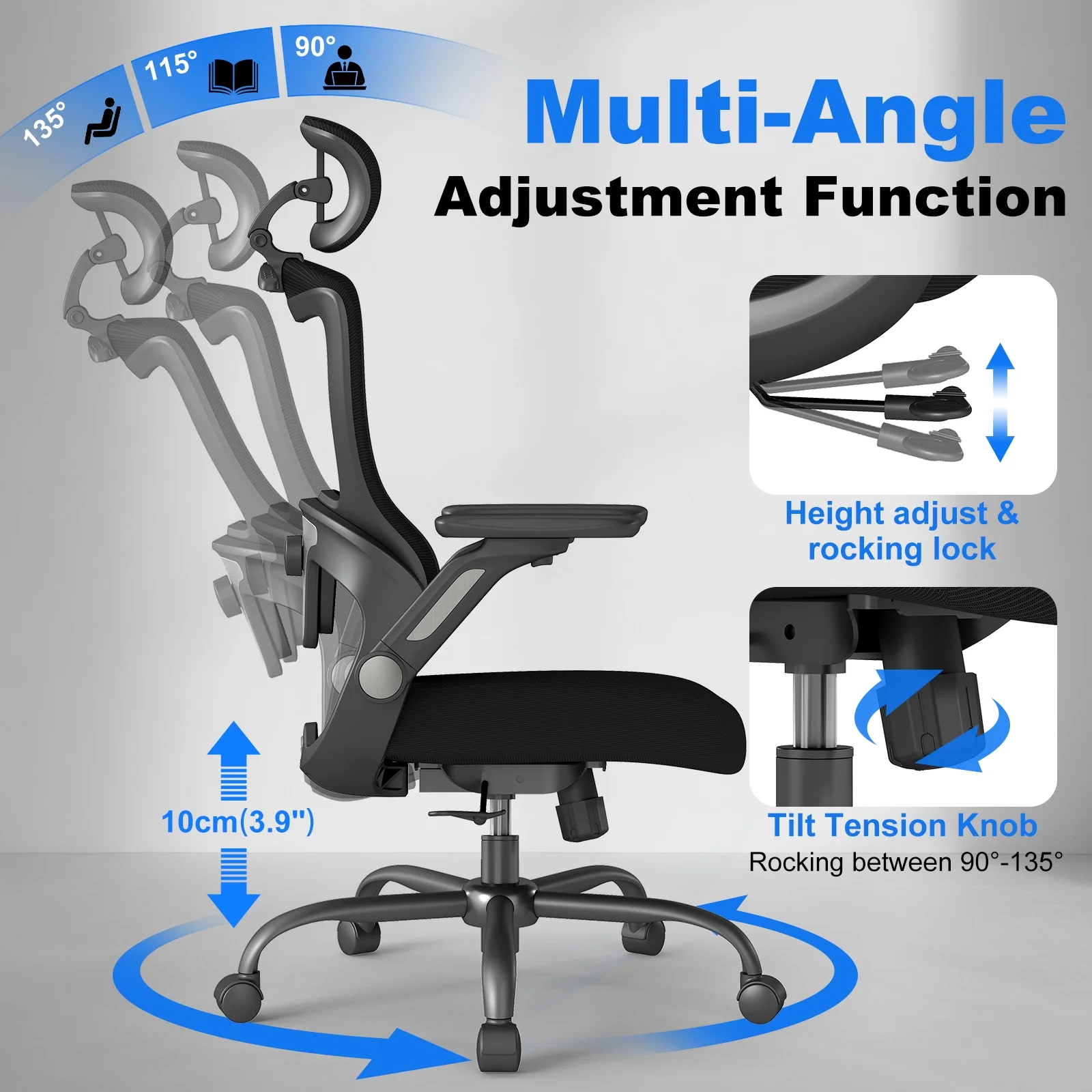 Ergonomic Mesh Office Chair with Adjustable Headrest 3D Armrests High Back Desk Chair with Lumbar Support Tilt Lock