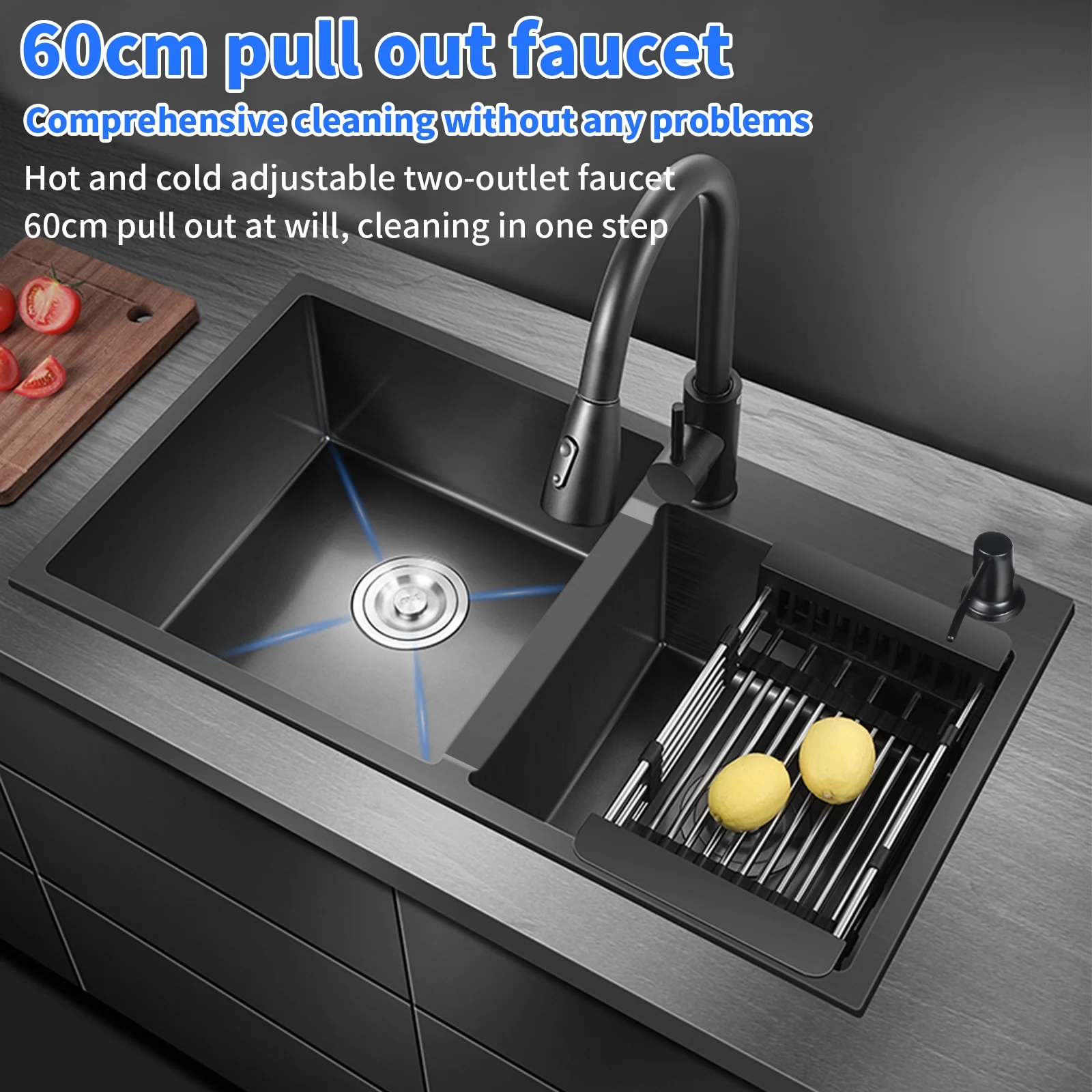 MEET Double Bowl Kitchen Sink & Drain Kit, 32 in Stainless Steel Vegetable Dishwashing Basin with Sewer Pipe Drain Basket, 8-Inch Deep, Black