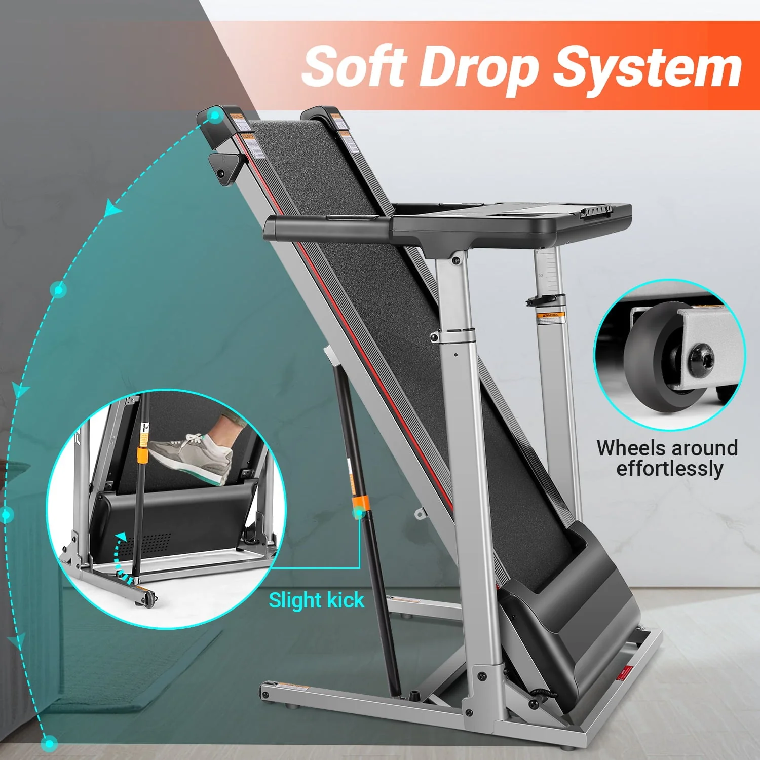 Adnoom 2.5HP Treadmill with Adjustable Desk, 300LBS Folding Incline Treadmill with Incline, Portable Running Walking Machine with Bluetooth Music & APP for Home Office, Easy Assembly