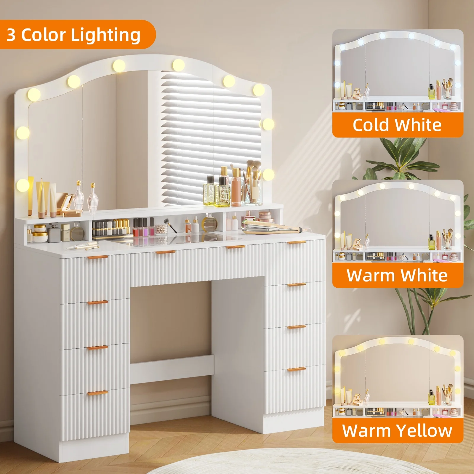 Tomnk White Vanity with Lights Mirrors, Makeup Vanity Desk with Drawers and Chair, Power Outlet