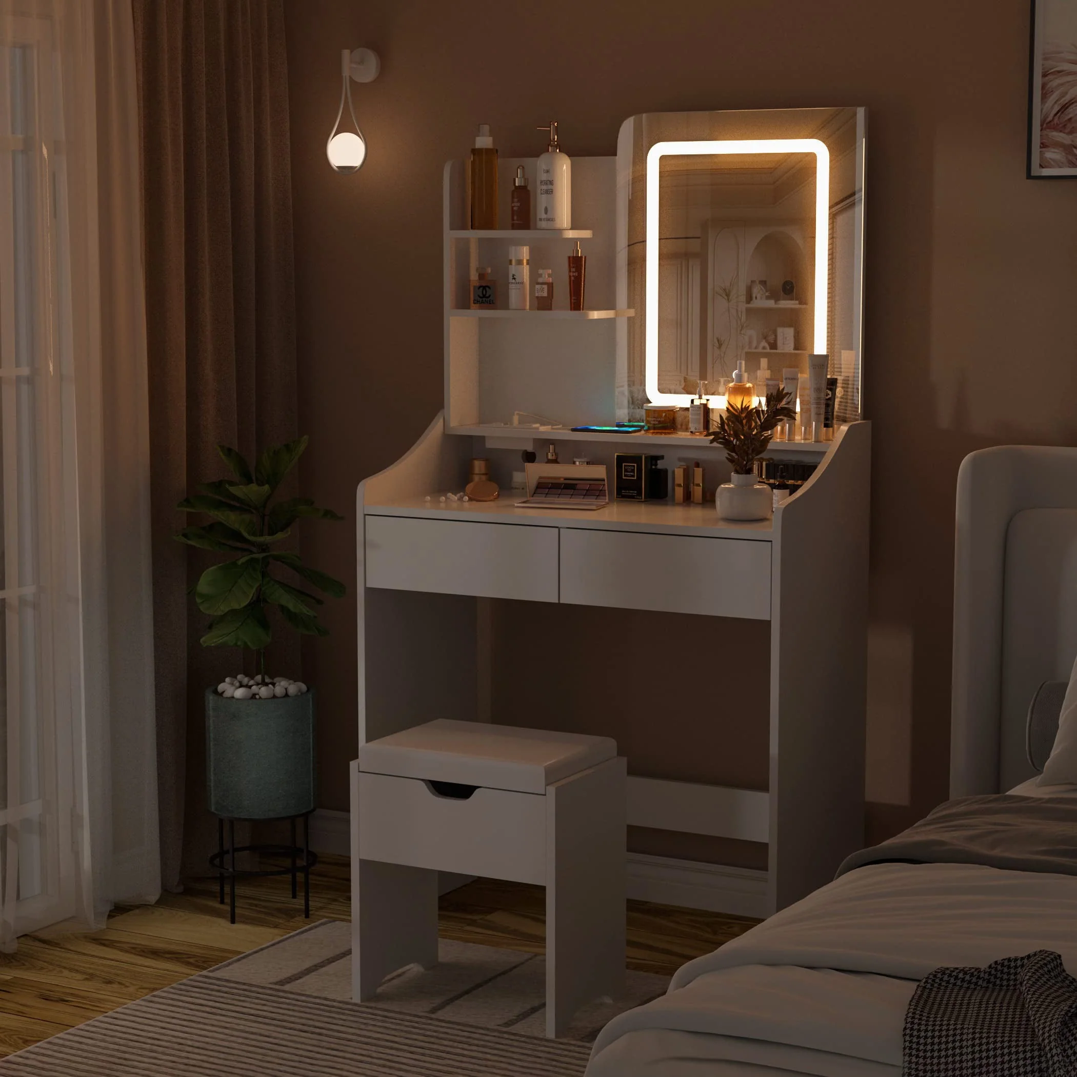 Veanerwood Makeup Vanity Desk with Lights and Power Strip, Vanity Dressing Table Set with Drawers and Shelves, Bedroom, 31.5in, White