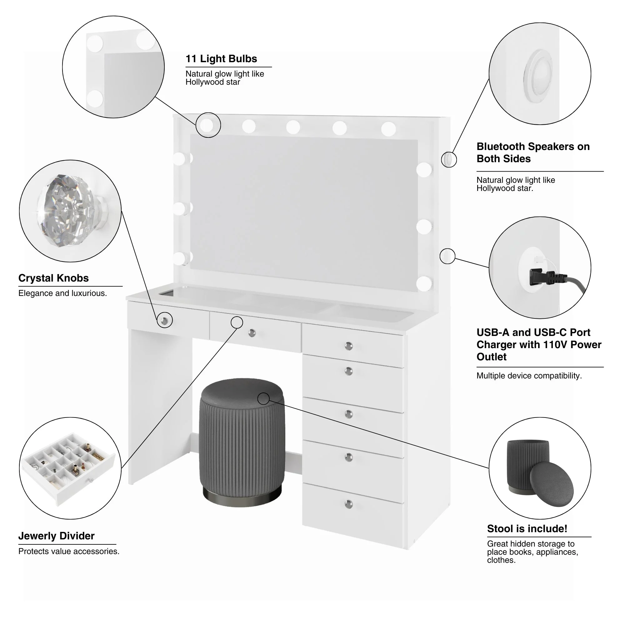 Ember Interiors Modern Large Greige Makeup Vanity Desk with Built-in Lights, Power Outlet with USB Type-C, Glass Top, 7 Drawers and Crystal Knobs
