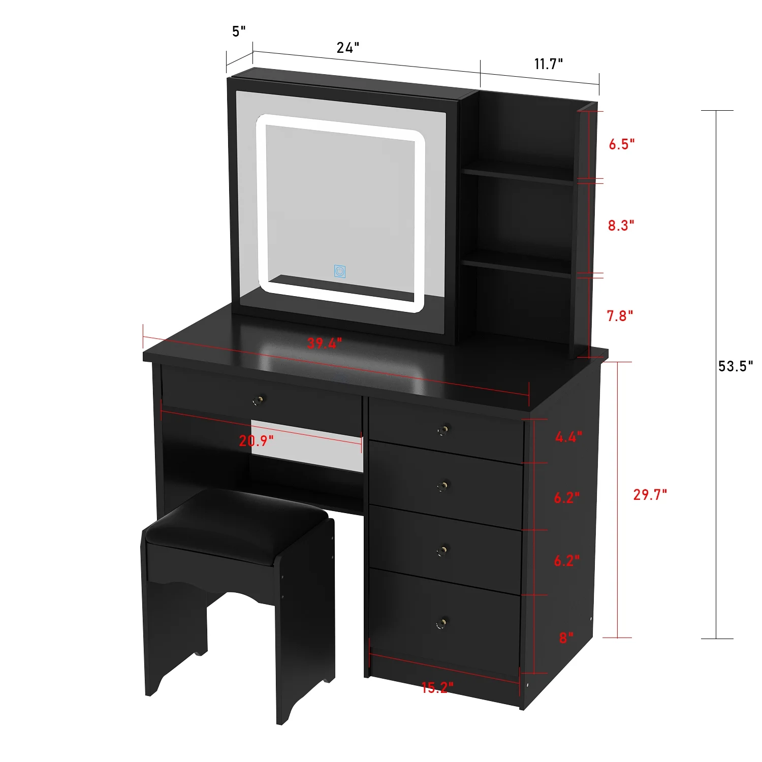 MONSLIPA Makeup Vanity Desk Set w/ Light, Sturdy Dressing Vanity Table with Bench, Shelves & Drawers