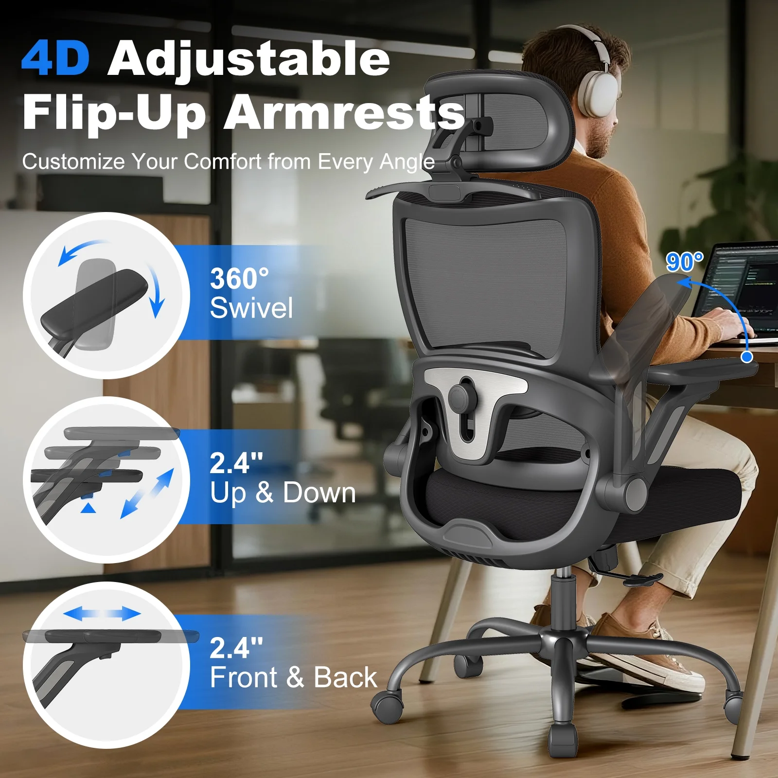 Ergonomic Mesh Office Chair with Adjustable Headrest 3D Armrests High Back Desk Chair with Lumbar Support Tilt Lock