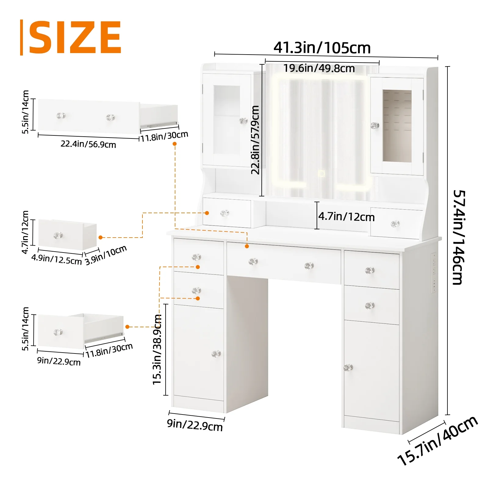 Tomnk woo White Makeup Vanity Desk with Large Mirror, Adjustable Lights, Storage Drawers & Power Outlets