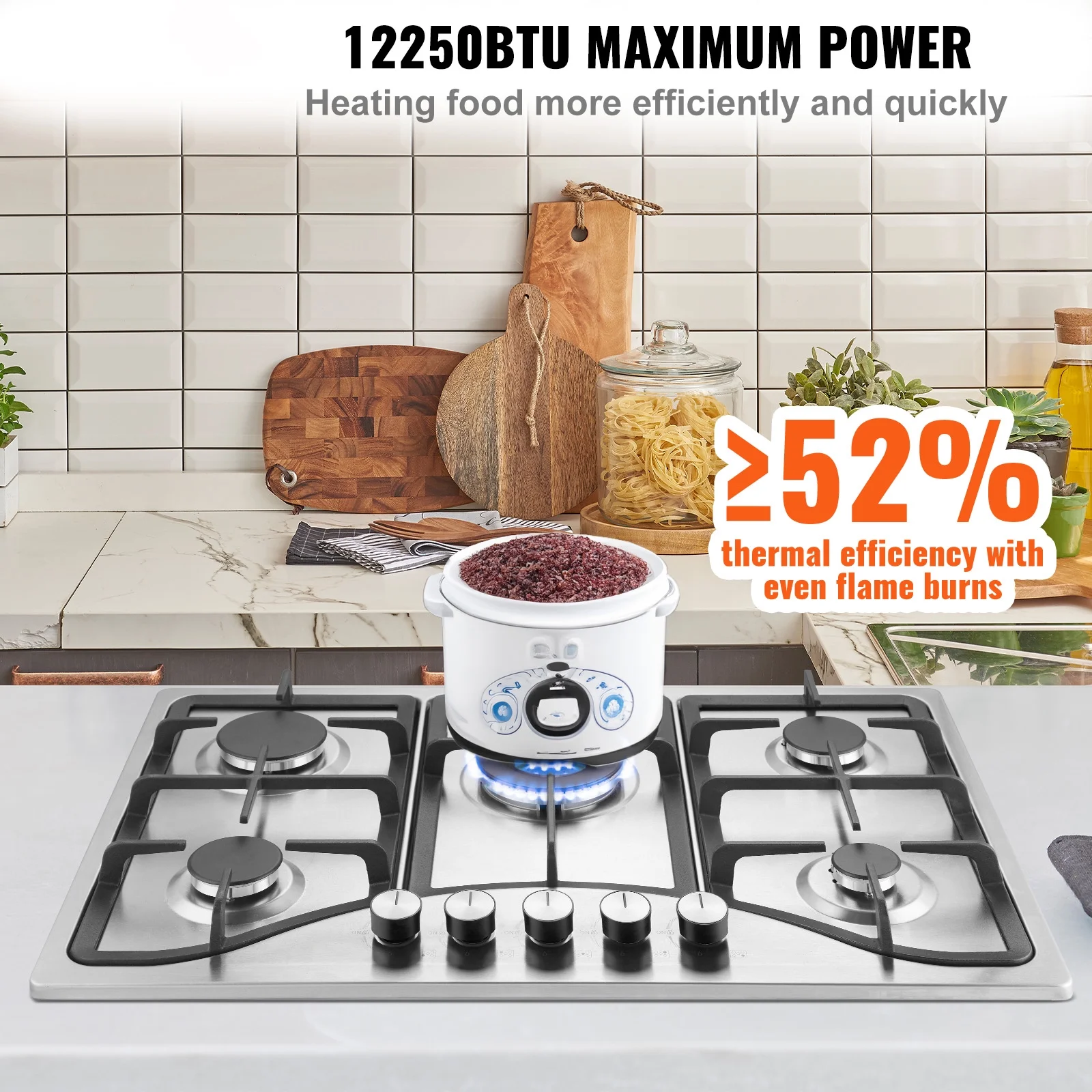 KFFKFF Gas Cooktop Stove Top 30 inch Max 12250BTU 5 Burners Built-in LPG/NG Convertible