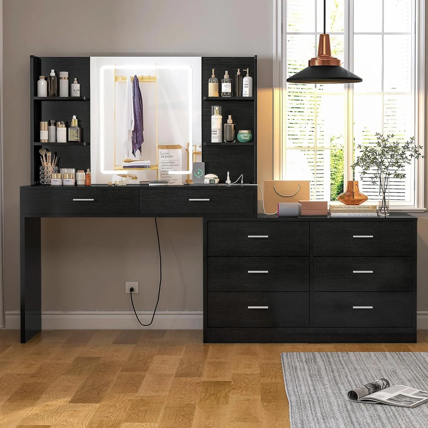 Vanity Makeup Desk with LED Light Mirror & Power Outlet, 8 Drawers, 6 Storage Shelves, 3 Color Modes & Adjustable Brightness Dressing Table, Corner Vanity, L Shape Change, 39.4��Desk, Black