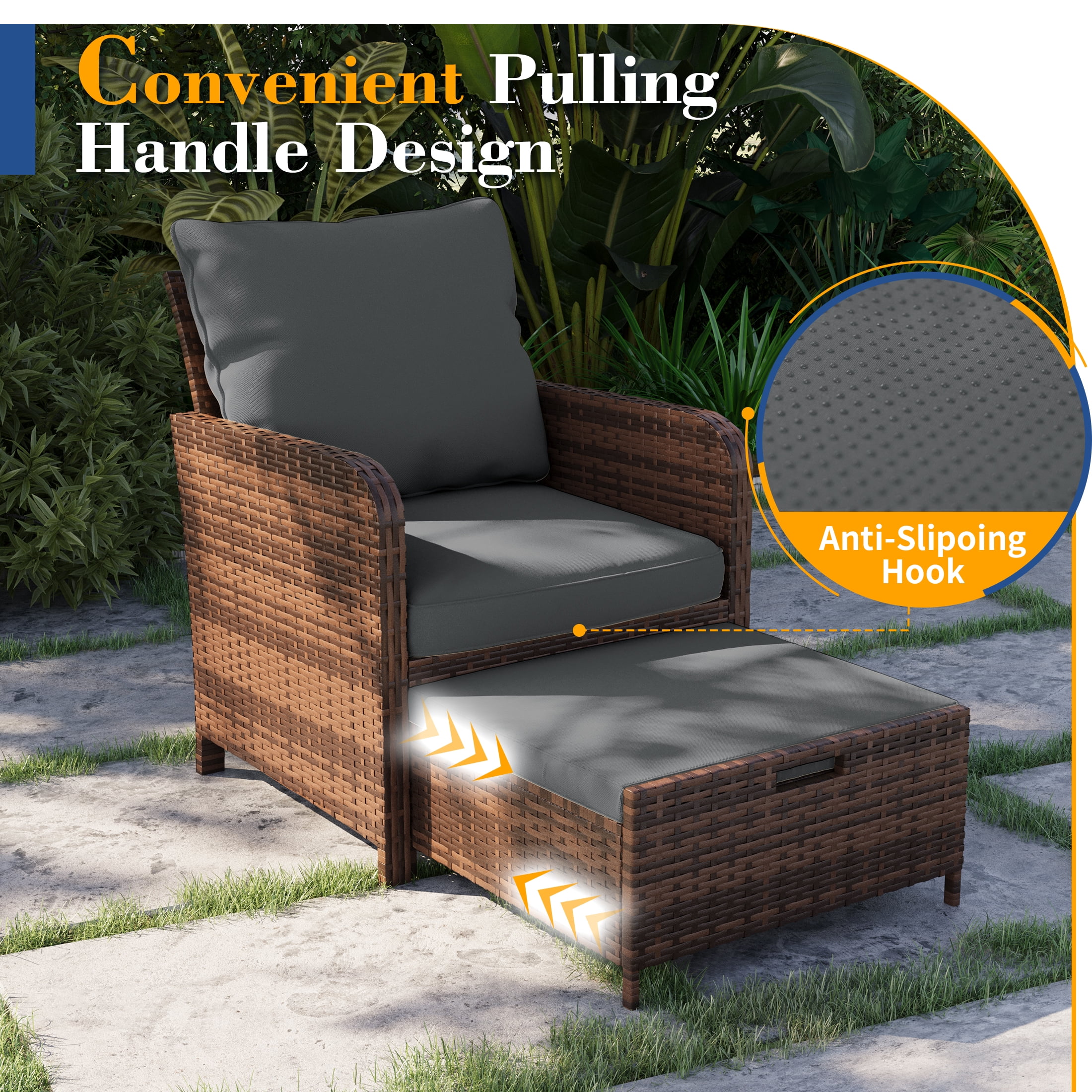 Poteban Balcony Furniture 5 Piece Patio Furniture Set, Outdoor Patio Chair with Ottoman for Front Porch Deck, Wicker Lounge Chair with Side Table, Grey