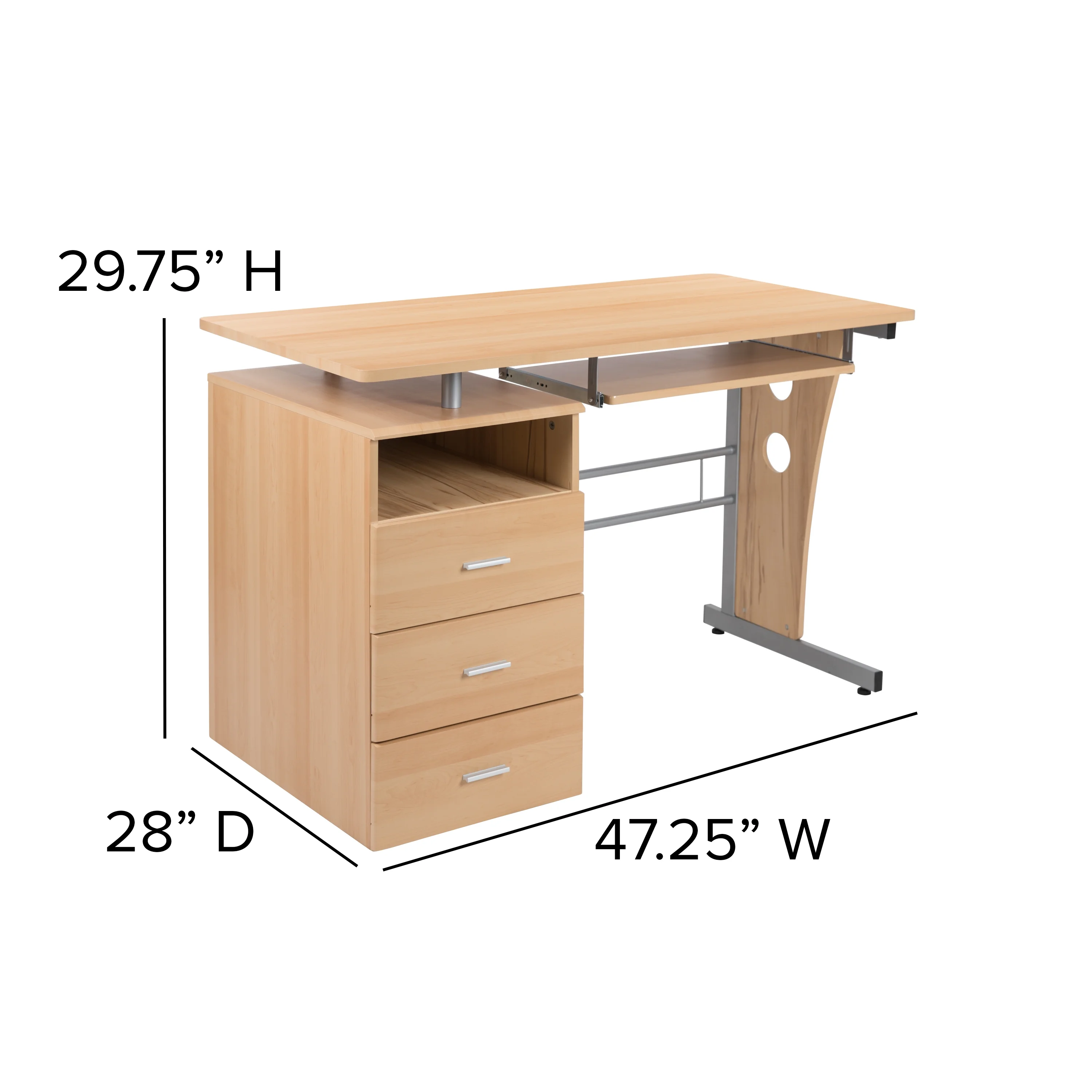 Flash Furniture Rustic Walnut Desk with Three Drawer Pedestal and Pull-Out Keyboard Tray