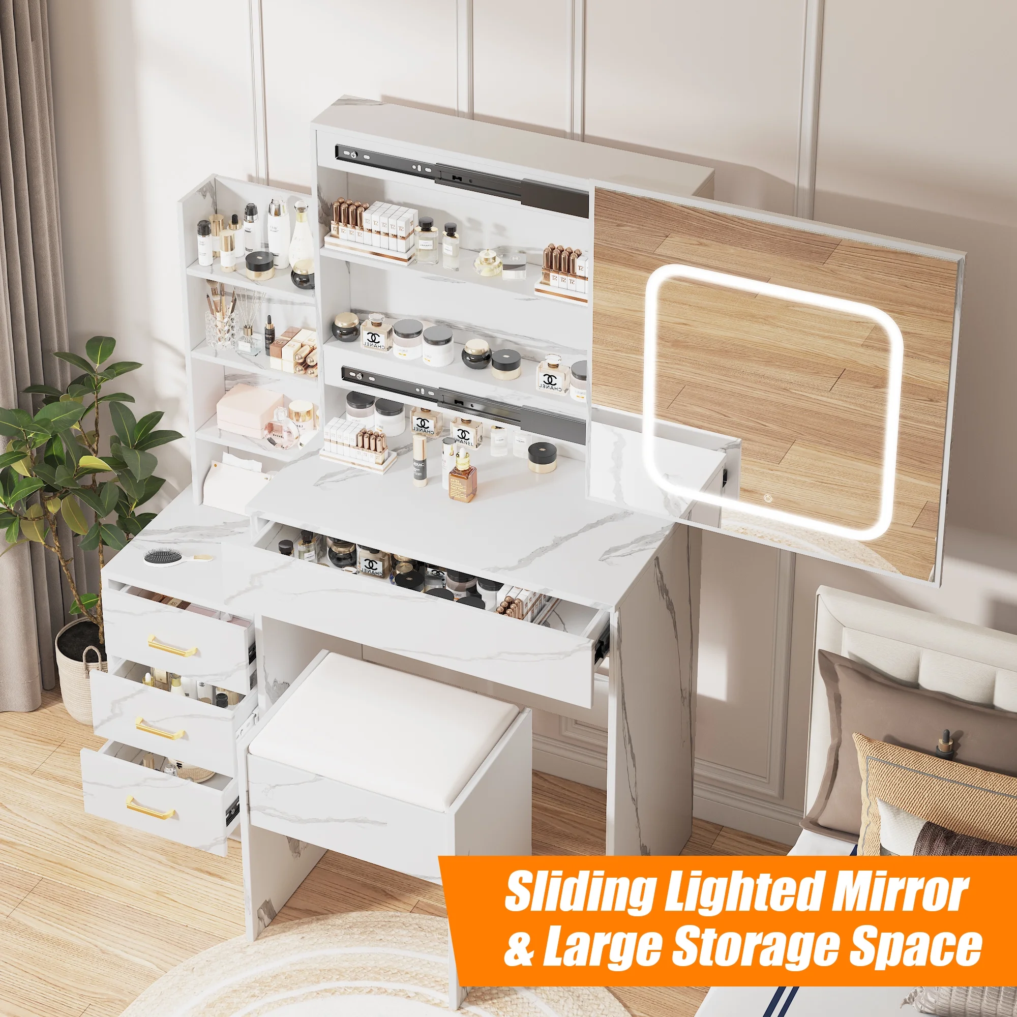 Vanity Desk with Sliding Mirror and Lights, Makeup Vanity Set with 4 Drawers, Stool, Power Outlet, Open Shelves, 3 Color Adjustable Lighting Modes, Makeup Dressing Table for Bedroom, White
