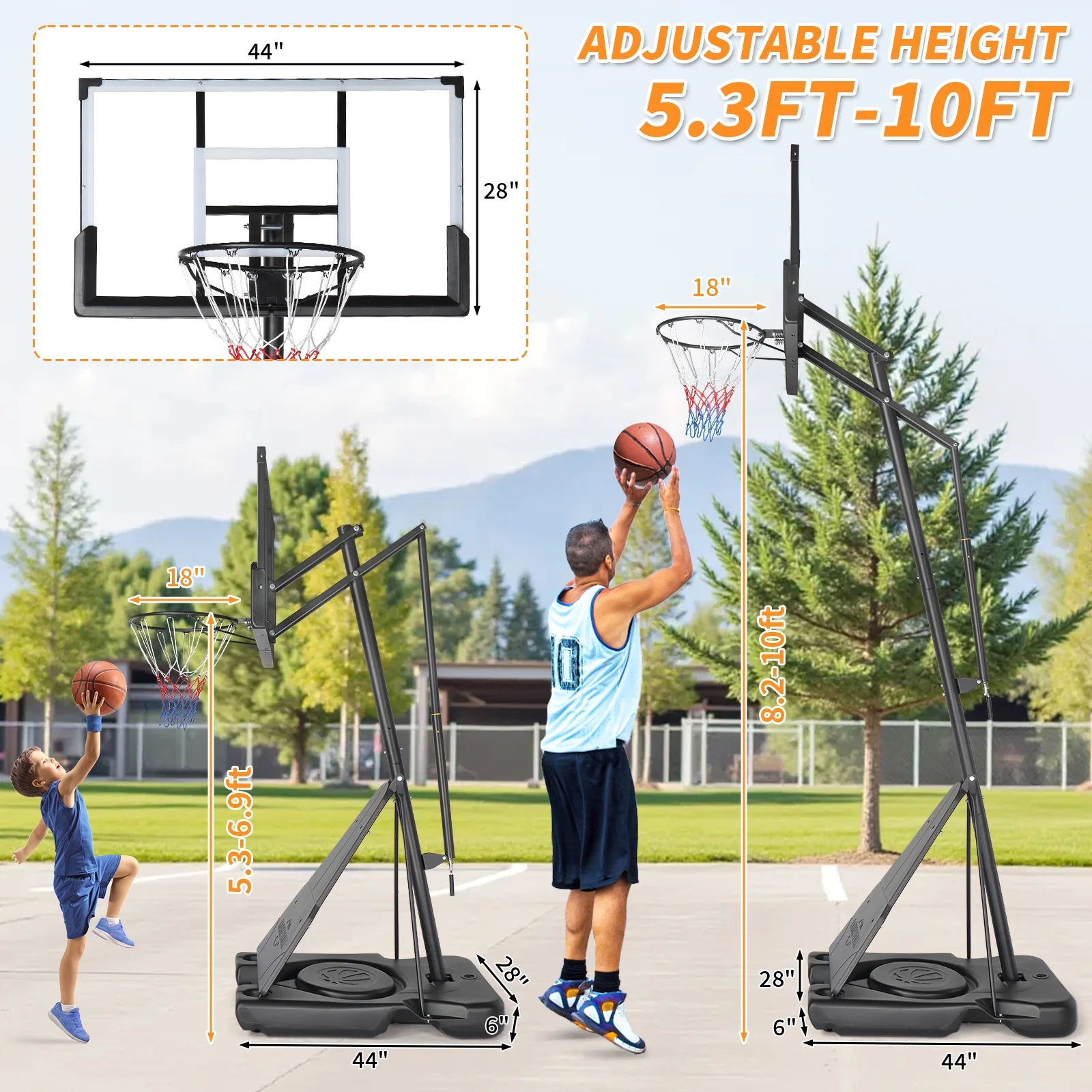 Ktaxon 5.3-10ft Adjustable Portable Basketball Hoop with Rebound Plate,44-Inch Weatherproof Backboard Indoor Outdoor