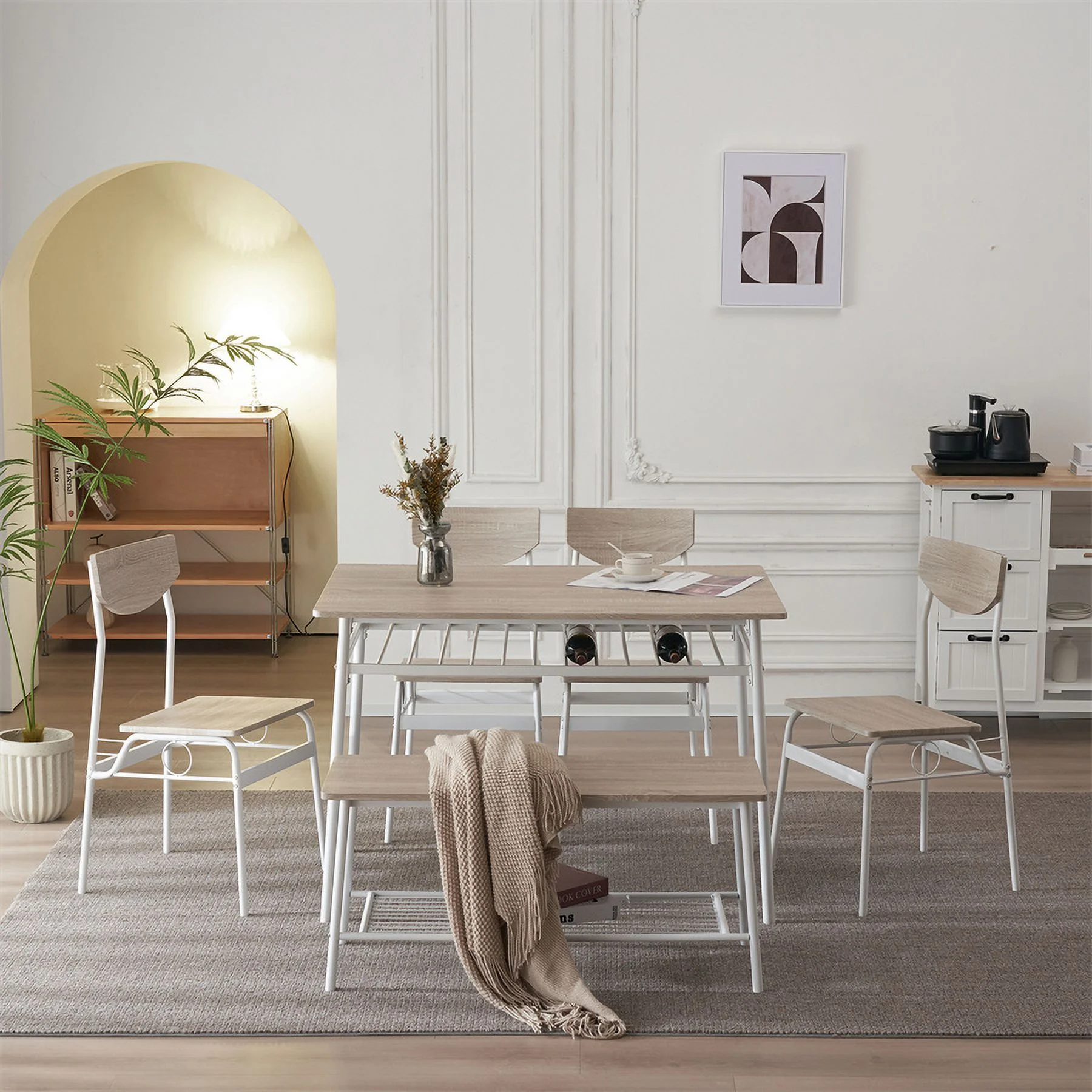 6-Piece Dining Table and Chair Set, Includes 1 Table, 1 Bench and 4 Chairs, Rectangular Kitchen Table and Armless Chairs, Compact Chairs with Curved Backrest for Dining Room