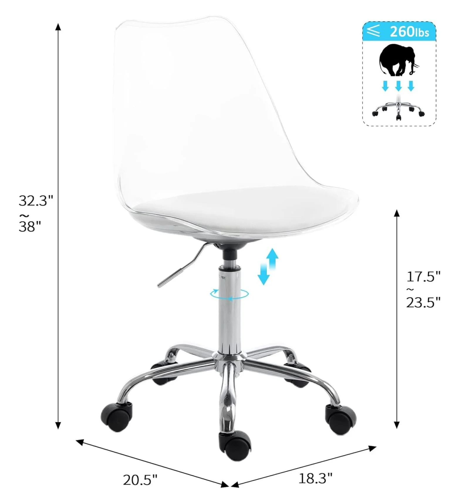 saney Clear Rolling Chair, Armless Desk Chair with Golden Feet Swivel Molded Plastic Shell Adjustable Home Office Chair with Wheels, Clear
