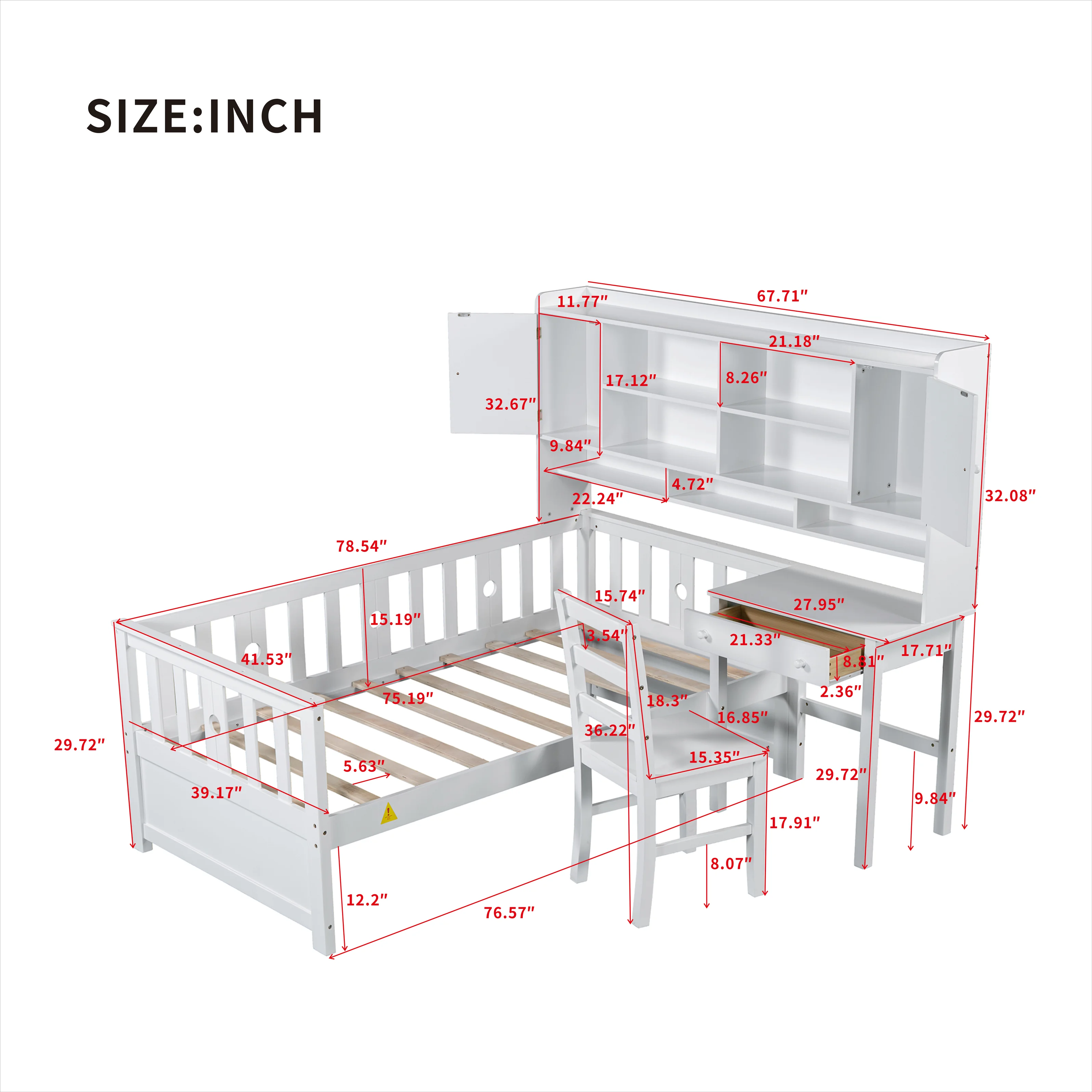 Euroco Wood Twin Size Platform Bed with Desk and Shelves, Table and Chair Set for Kids, Natural