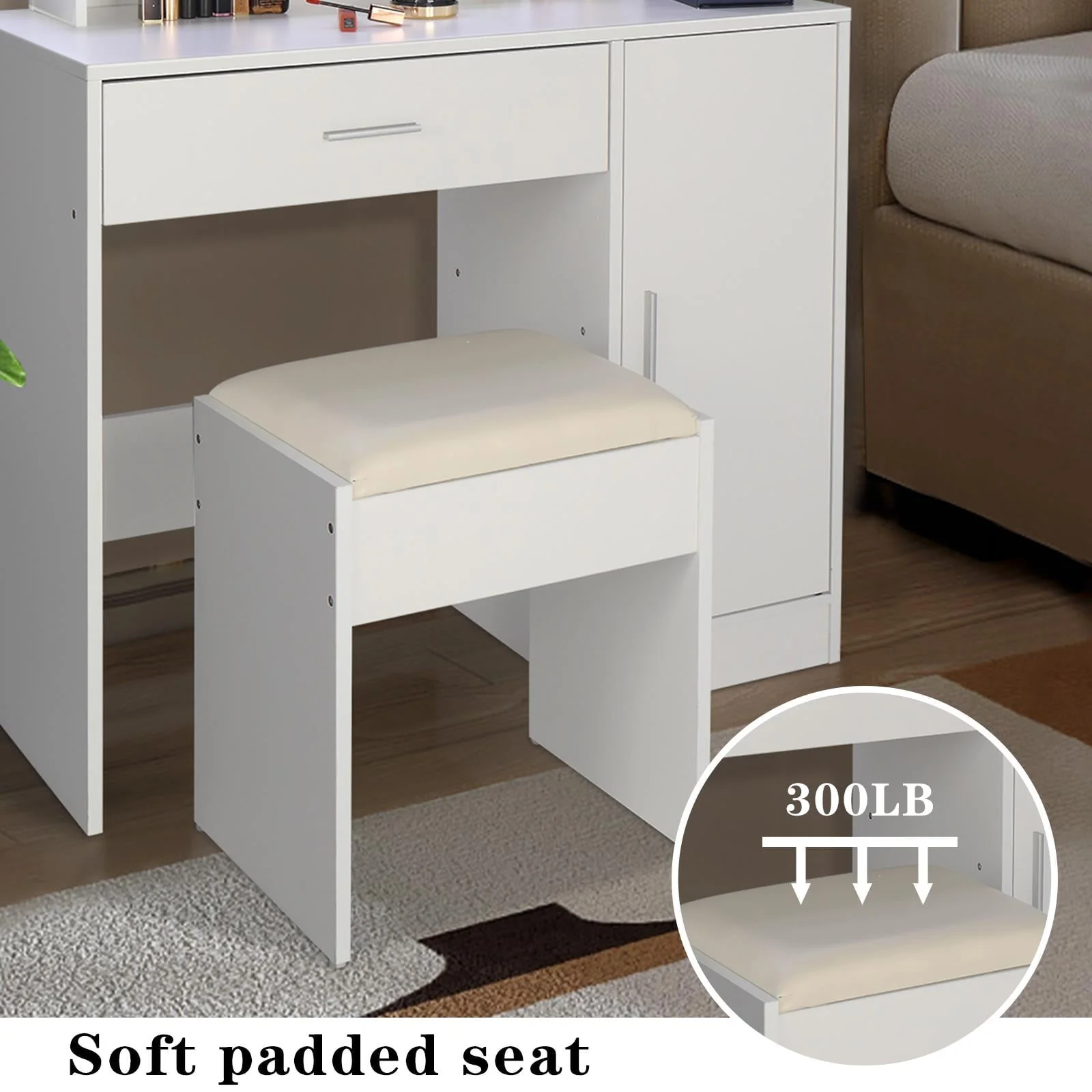 Ktaxon Vanity Set with 3 Color Lighted Mirror, Makeup Table with 3 Storage Shelves & Drawers, Dressing Table Makeup Desk with Stool,White