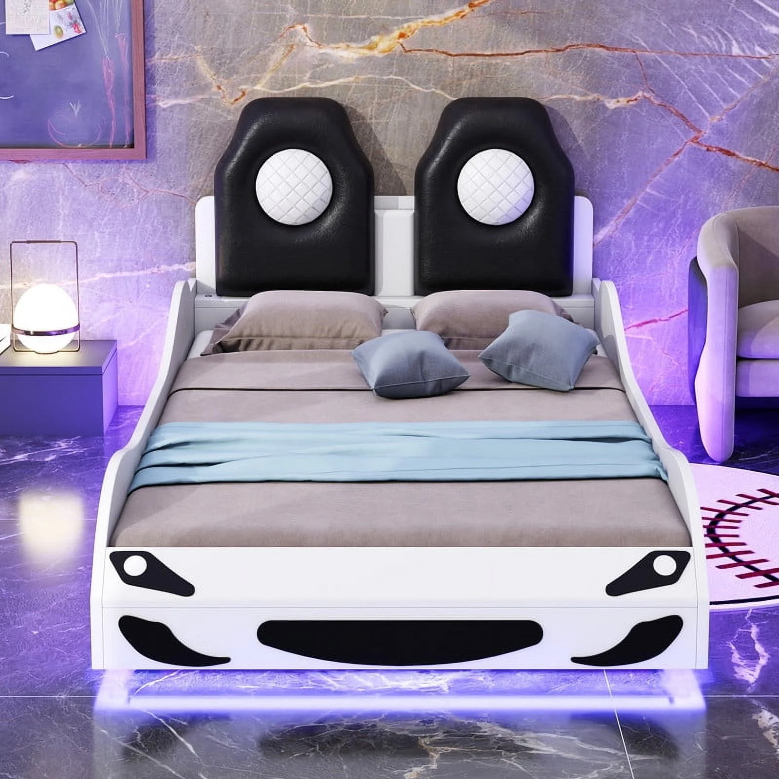 Bellemave Race Car Bed with LED Lights, Twin Size Bed Frame for Boys Kids Toddler Bed, Wooden Platform Racing Car Bed with Upholstered Backrest Headboard, No Box Spring Needed（White)