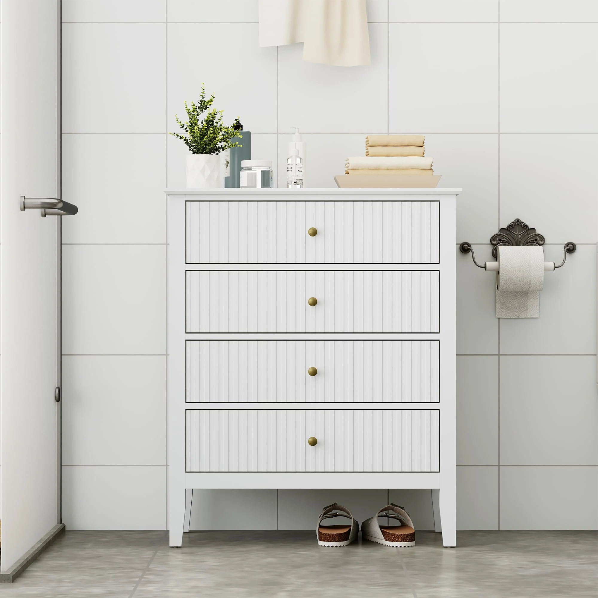 May Color Large White 3 Drawer Dresser Set of 2 with Fluted Panel, Modern Chest of Drawers with Silent Slide Drawers, Wood Accent Nightstand with Storage for Bedroom Living Room, Hallway
