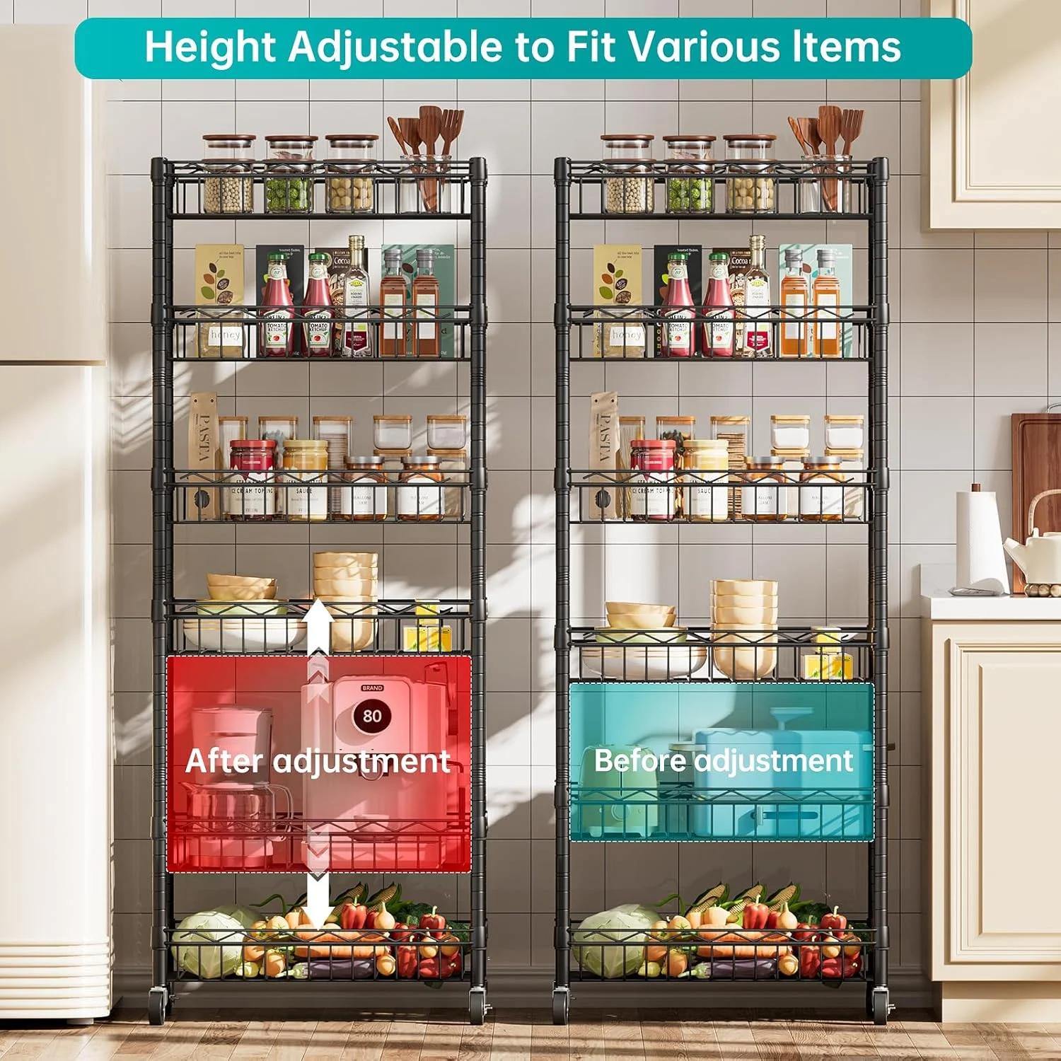 6 Tier Wire Shelving Unit with Wheels Baskets Storage Rack Corner Shelves Adjustable Shelf Closet Bathroom Organizers Metal Pantry Kitchen Garage Laundry Room 13.5