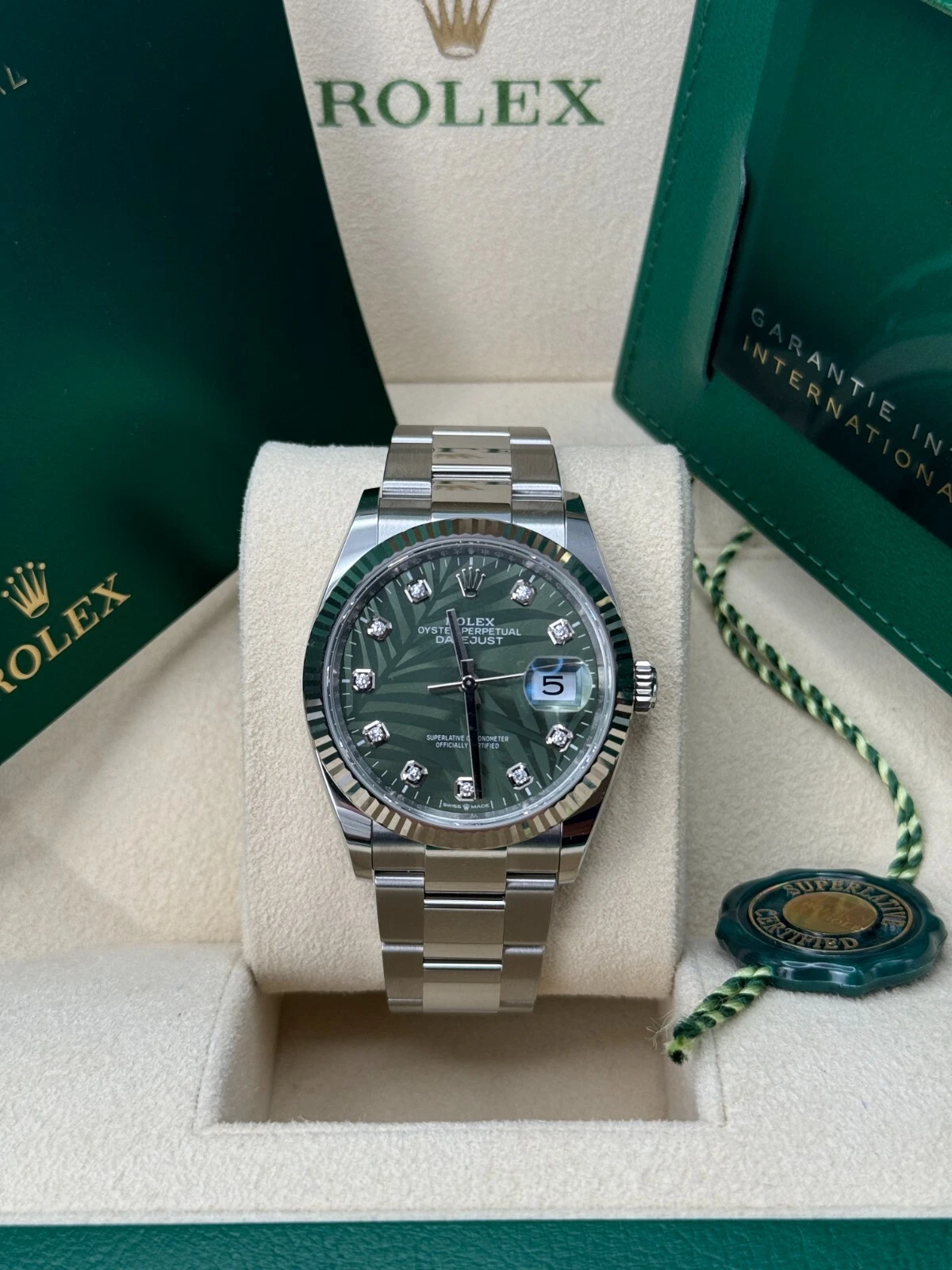 【Super Clone】RLX  Datejust 36mm 126234 Olive Green Palm Motif Diamond Dial Jubilee Stainless Steel Watch