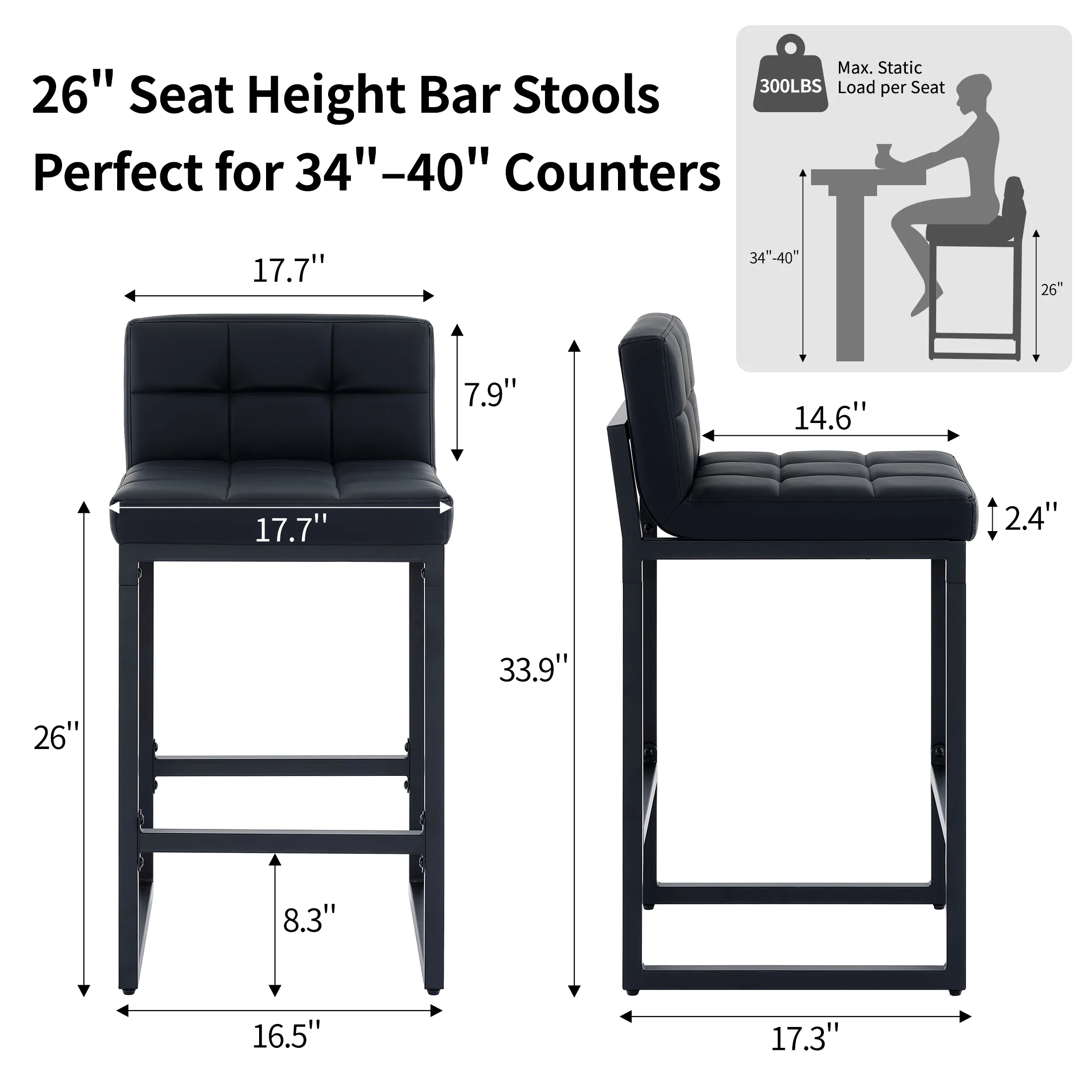 FIRAVOE Bar Stools Set of 3, Counter Height Bar Stools (Low Back)(Thickened Frame) 26
