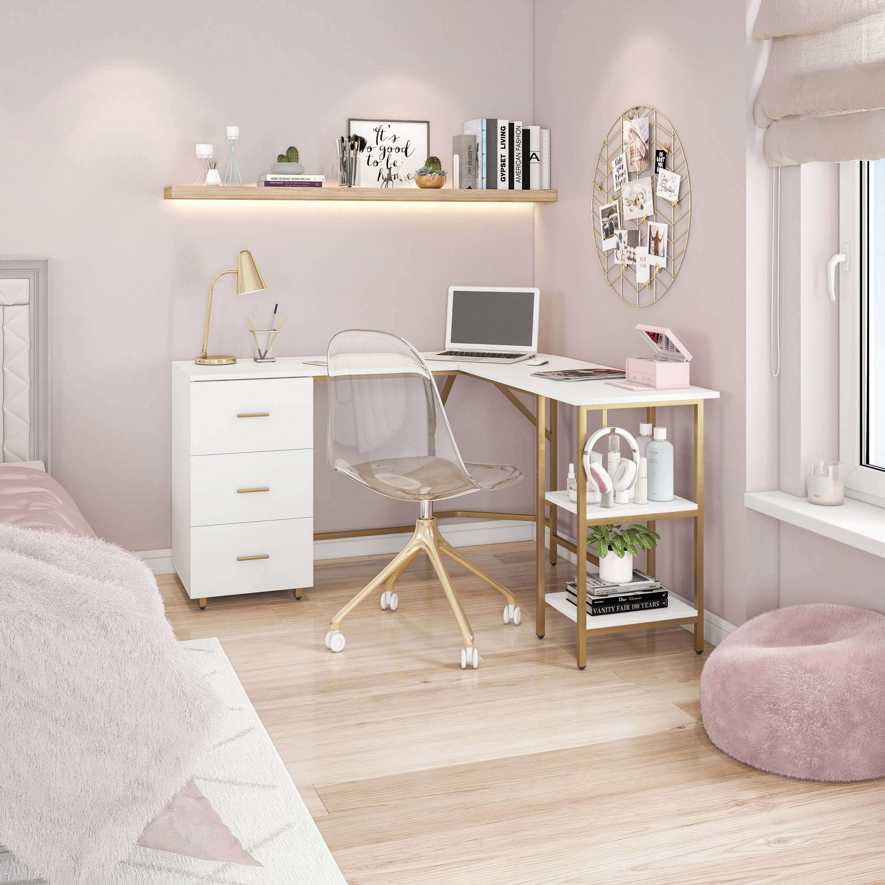 Techni Mobili L-Shape Home Office Desk with Storage, Gold