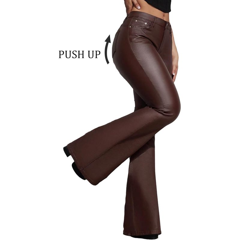 Women's Faux Leather Coated Flare Pants Mid Waist