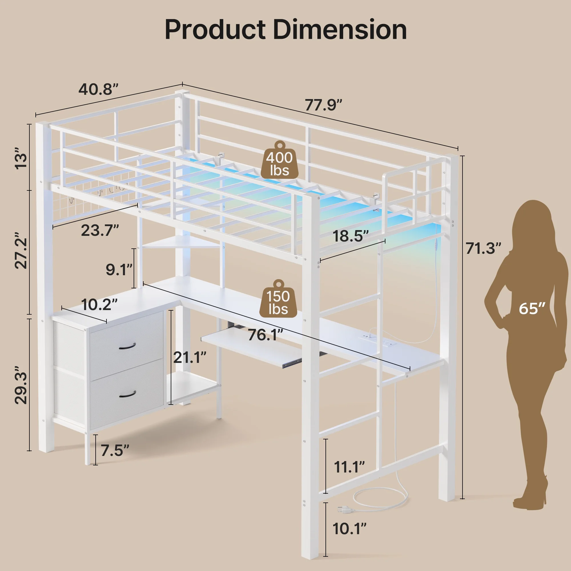 Loft Bed Frame with L-Shaped Writing Desk with Storage Drawers and Shelves, Lofka Twin Metal Bed with LED Lights and Charging Station, Retro Brown Board