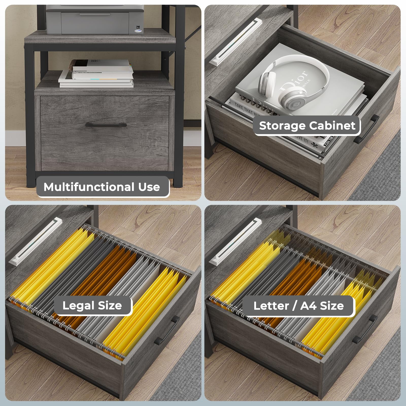 L Shaped Desk with Power Outlet and LED Lights, Corner Computer Desk with File Drawer for Home Office,  Gaming Desk,  Rustic Brown