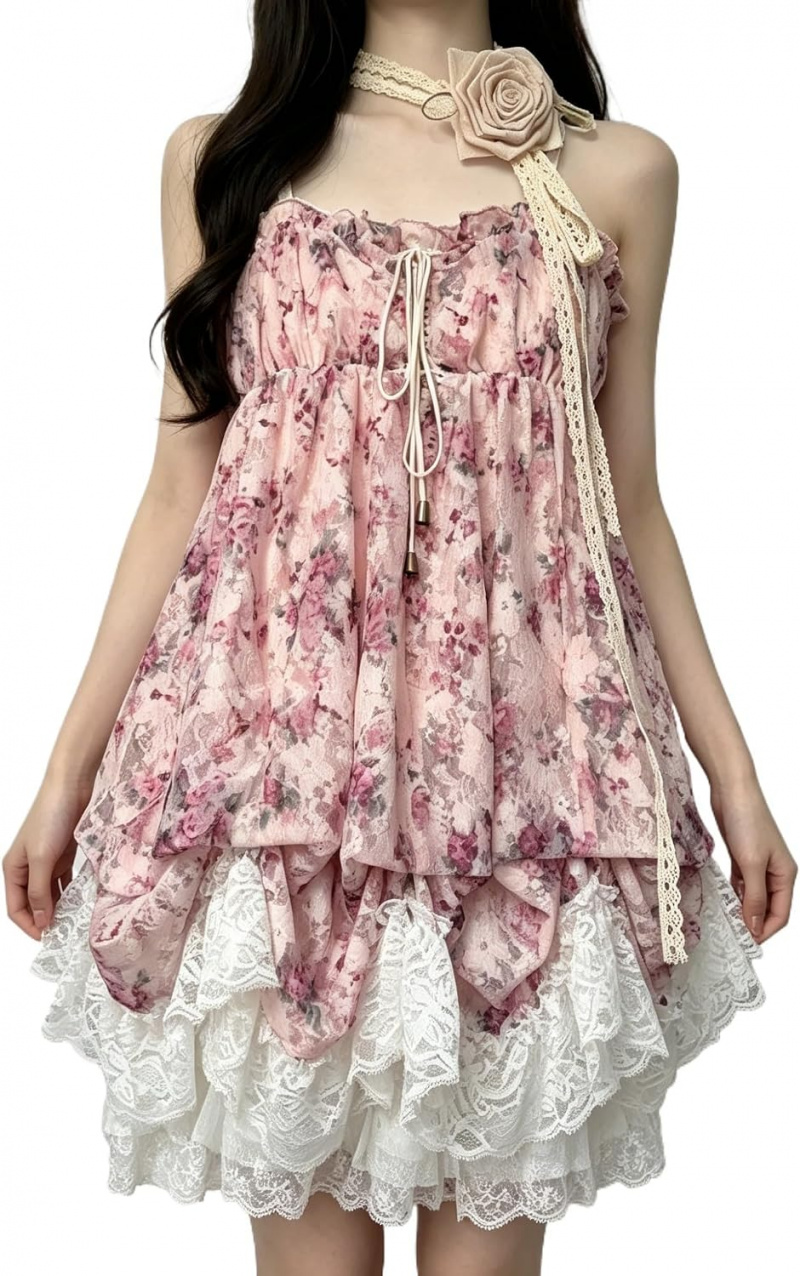 Spaghetti Strap Lace Mini Dress 2000s Women Cute Summer