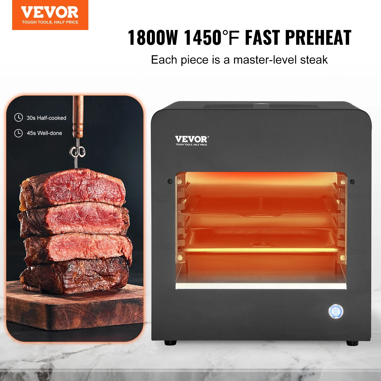 VEVOR Electric Steak Grill, 1800W Smokeless Infrared Electric Broiler, 1450��F Stainless Steel Steak Cooker with 6-Tier Adjustable Rack, Electric Infrared Grill for BBQ, Toast, Grill, Indoor