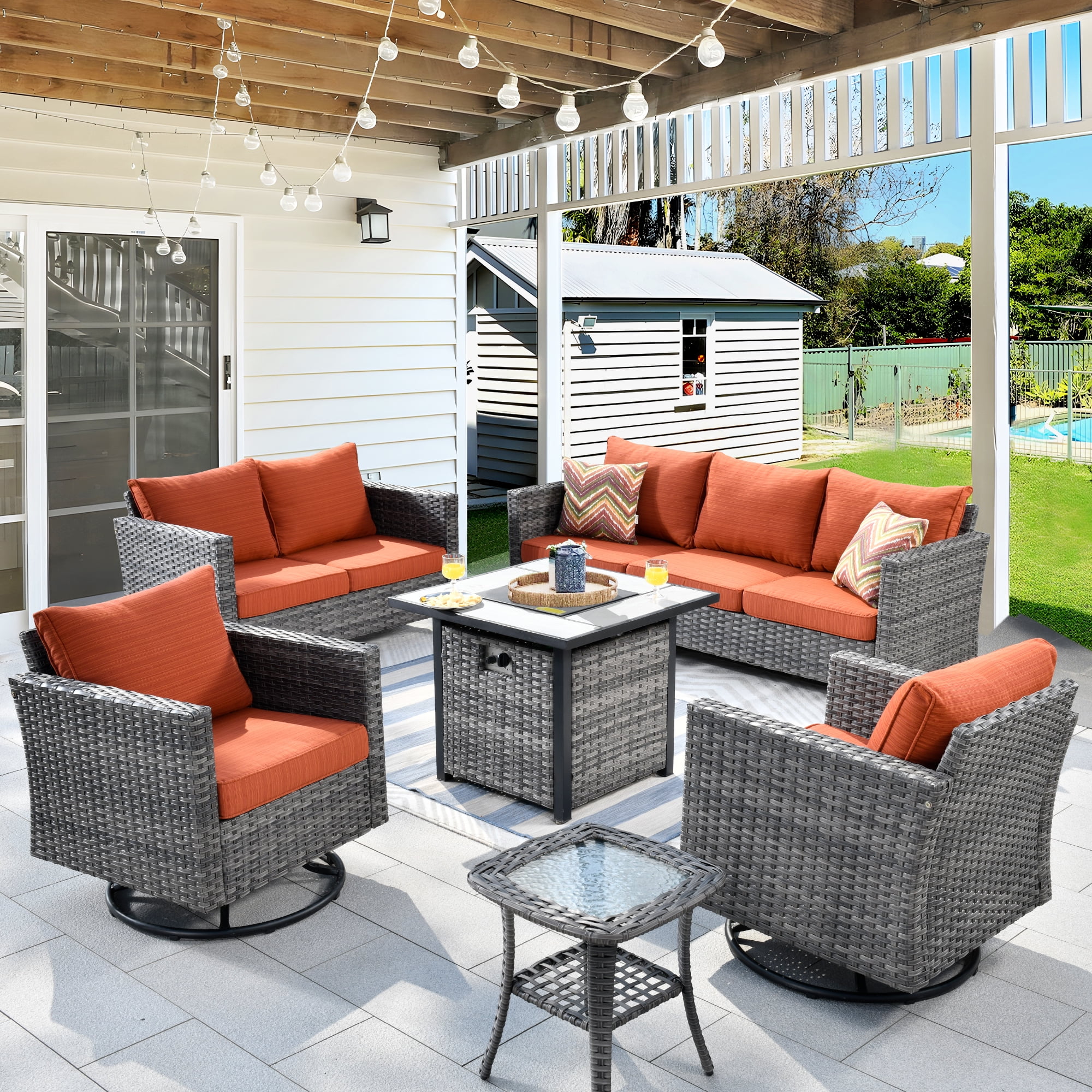 Ovios 6 Pieces Outdoor Patio Furniture Set with Gas Propane Fire Pit Table Wicker Outdoor Conversation Set with Swivel Rocking Chair for Backyard, Cushion Beige