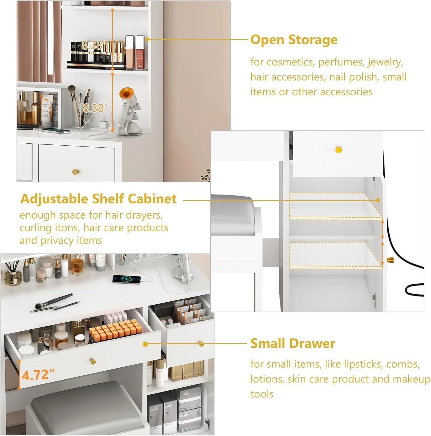 ChVans White Vanity Desk with Lighted Mirror & Charging Station, Vanity Table Set w/3 Storage Shelves,2 Drawers,Storage Cabinet & Makeup Vanity Cushioned Stool(White-37