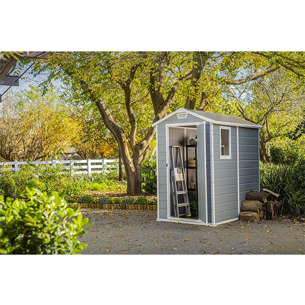 4×6 Resin Outdoor Storage Shed Kit-Perfect to Store Patio Furniture. Garden Tools Bike Accessories. Beach Chairs and Lawn Mower. Grey & White