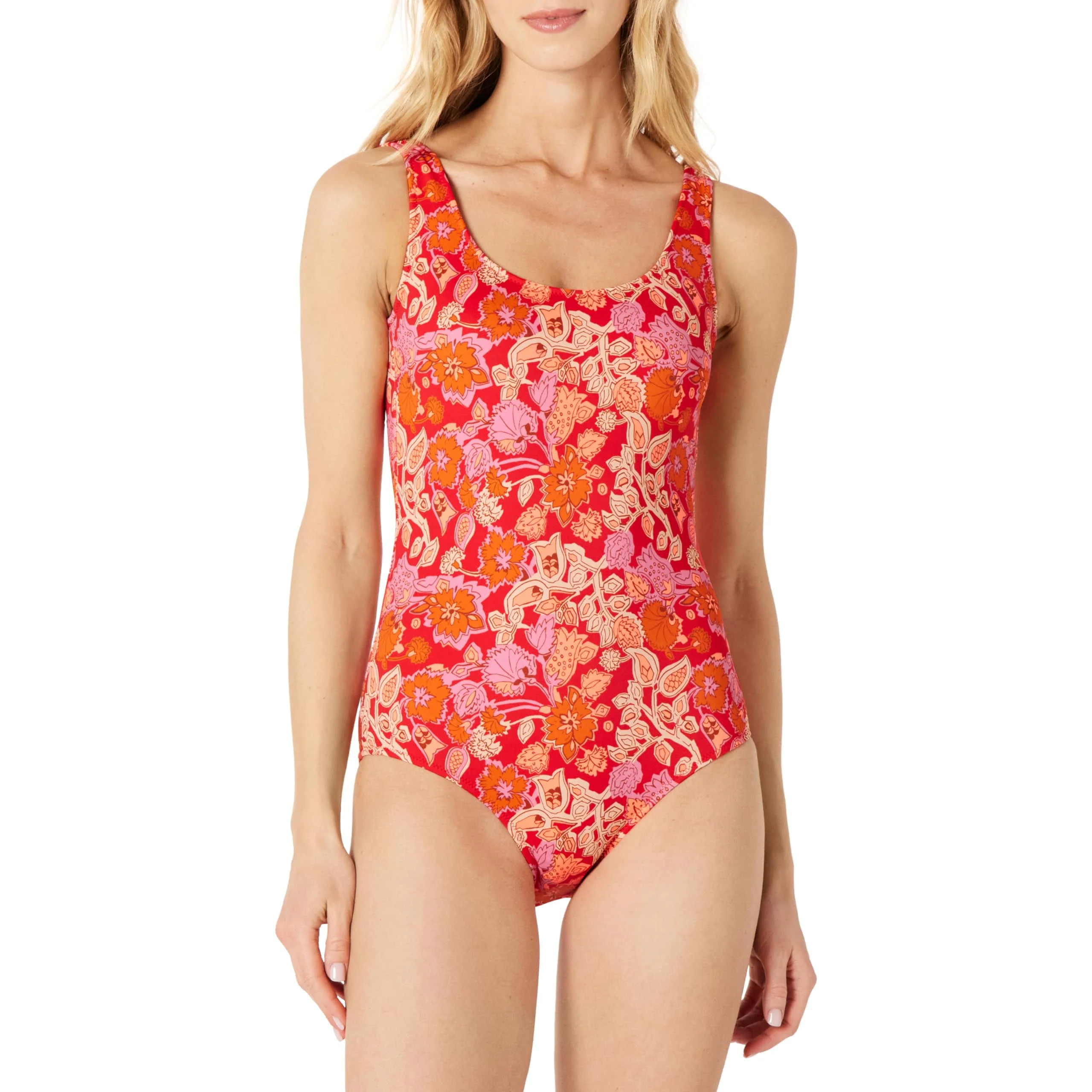 Amazon Essentials Women's One-Piece Coverage Swimsuit (Available in Plus Size), Bright Red Folk Floral Multi, Medium