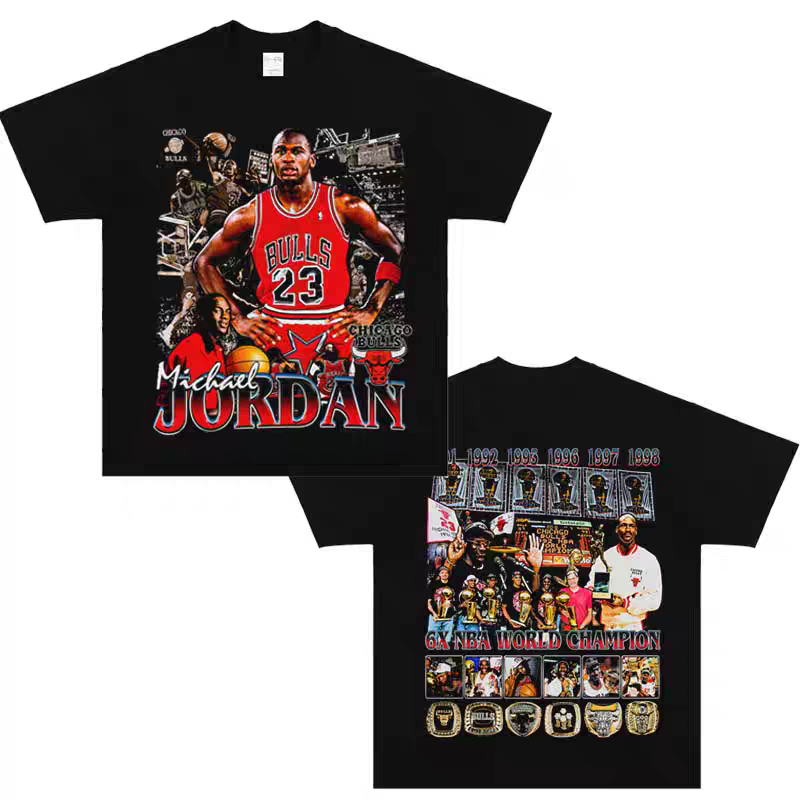 Original basketball god MJ old hooligan print short sleeve Vintage American casual heavyweight digital embossing trend