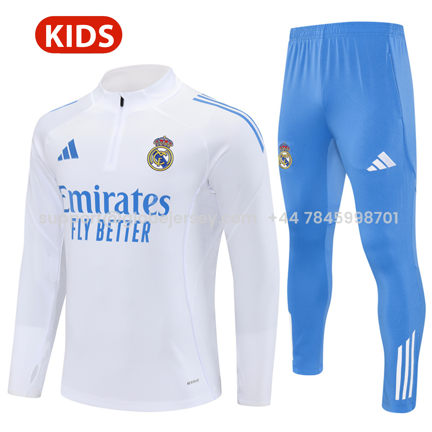 Real Madrid 25-26 Kids Long Sleeve Training Set - White Top & Blue Pants