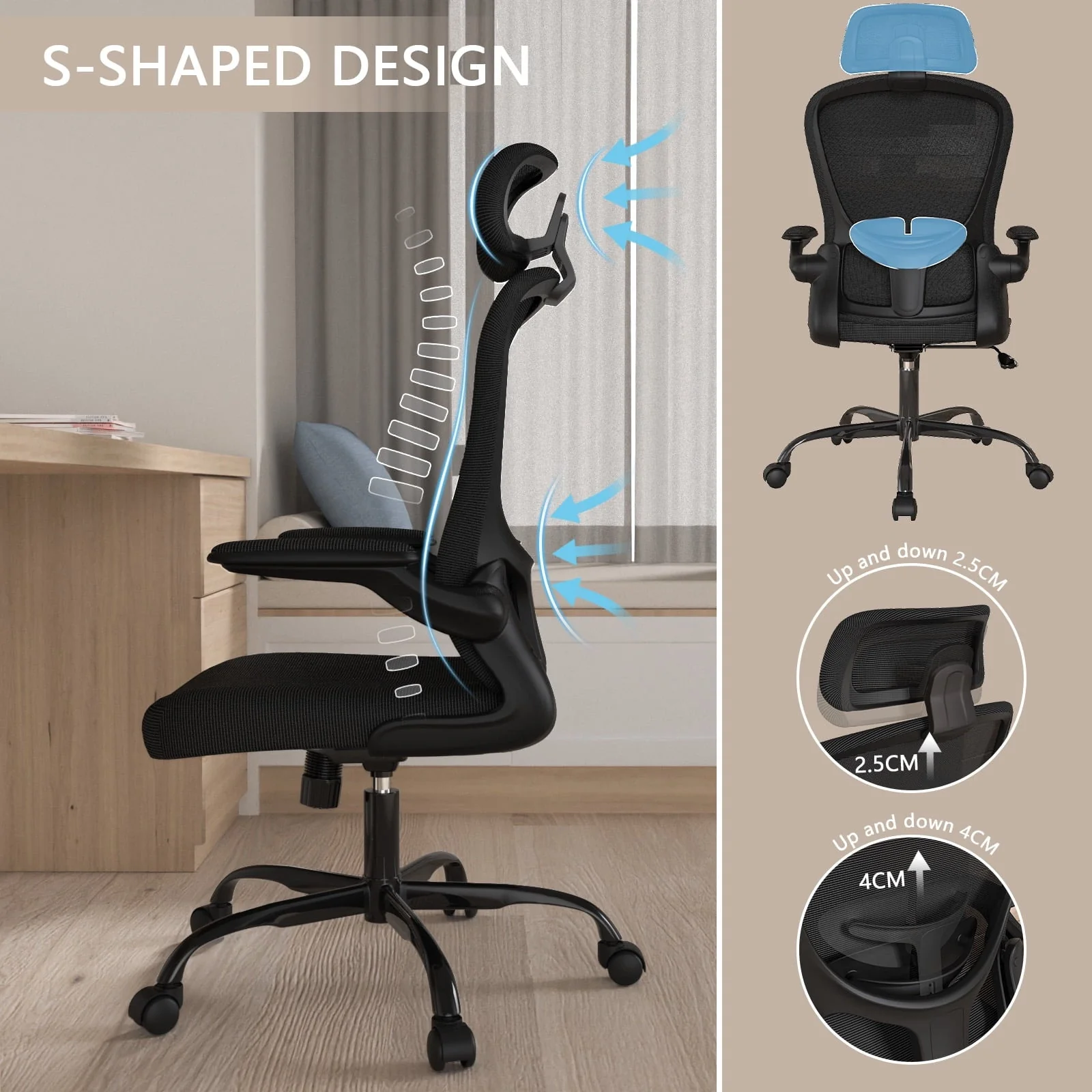 Lioncin Office Chair, High Back Ergonomic Desk Chair, Breathable Mesh Desk Chair with Adjustable Lumbar Support and Headrest, Swivel Task Chair with Flip-up Armrests,Black
