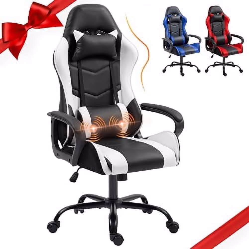 Gaming Chair, Ergonomic Computer Gamer Chair with Massage Lumbar Support & Rocking High Back, 360° Swivel Video Game Chair for Gaming or Office, Height Adjustable (White)