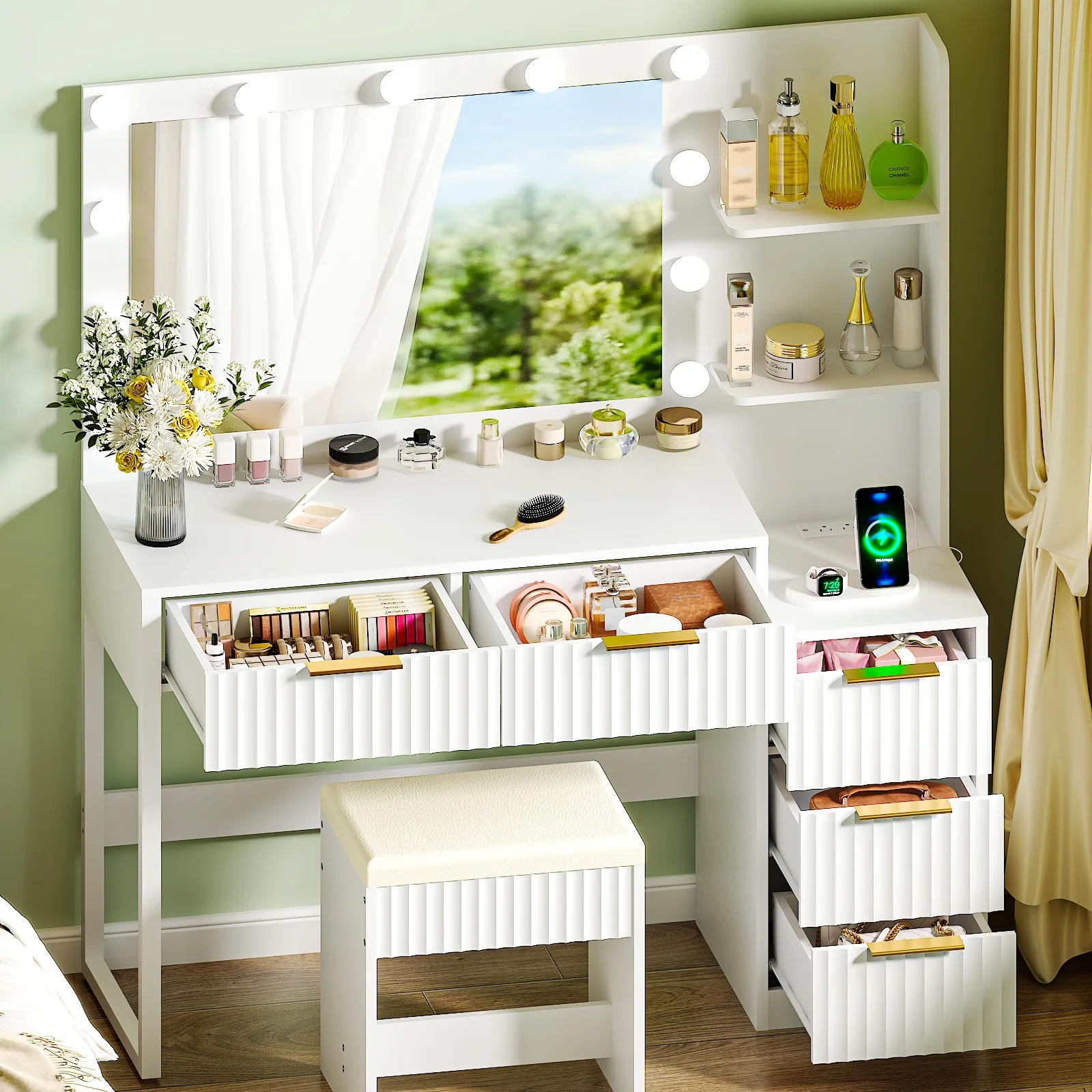 Ktaxon Flutted Makeup Vanity Table Set with 5 Drawer, Dressing Table w/Charging Station, Vanity Desk for Femal Gift, White