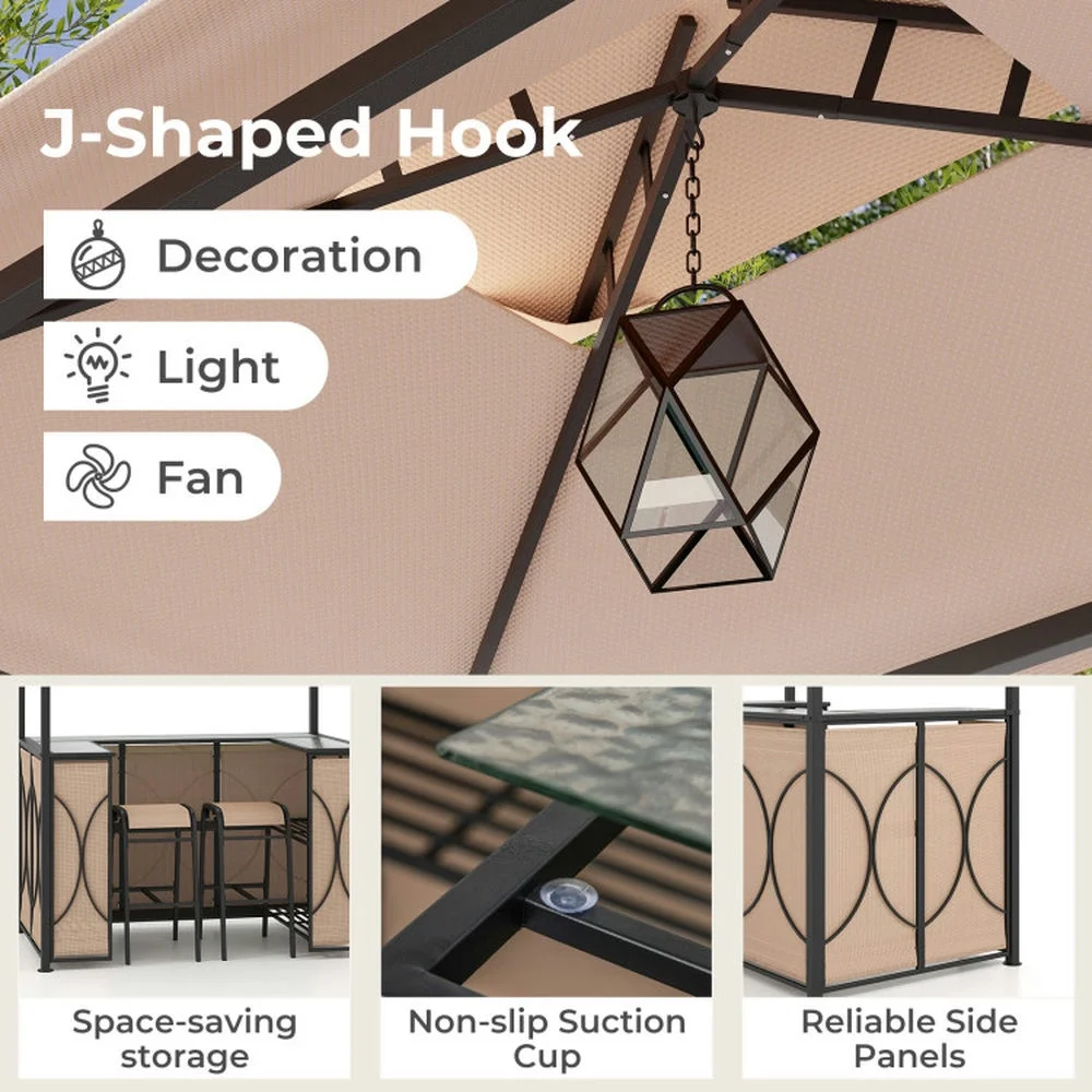 Spaco 3-Piece Patio Bar Set with A Heat-Resistant Tempered Glass Top, Grill Gazebo & 2 Bar Stools with Tempered Glass Bar Table, Bar Set for Outdoor, Brown