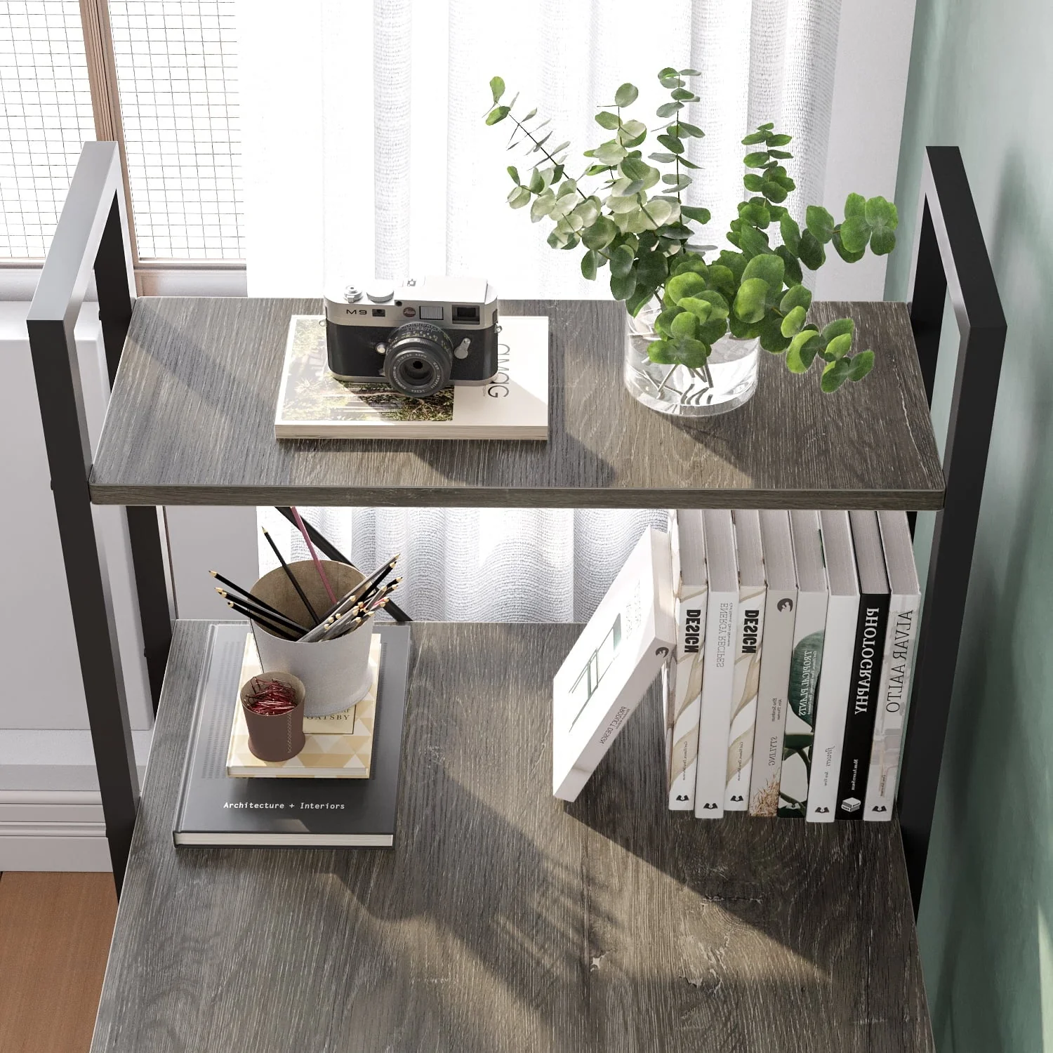 Bestier 47'' Computer Desk with Shelves for Home Office Retro Grey Oak-Dark Finish