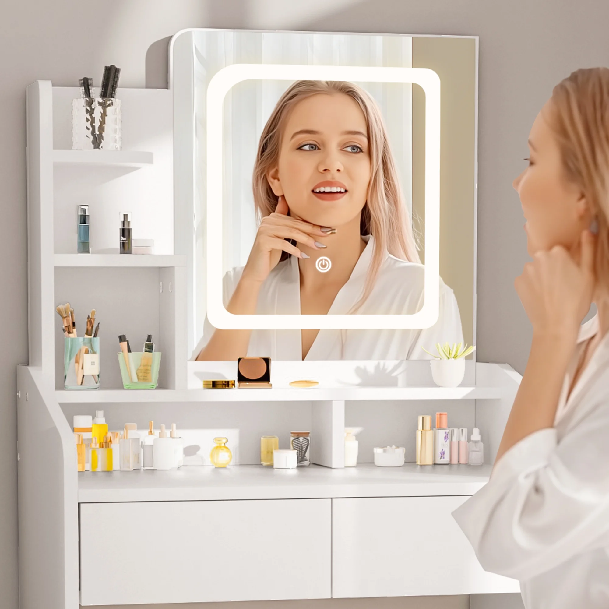 LIVELYGLOW Vanity Desk Set with Square Mirror and Light- Small Vanity Table with Drawers- White