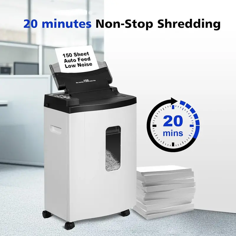 150-Sheet Micro-Cut Paper Shredder – P-5 Security Level. 6-Gallon Bin. 20-Min Continuous Run & Ultra-Quiet 55dB Operation