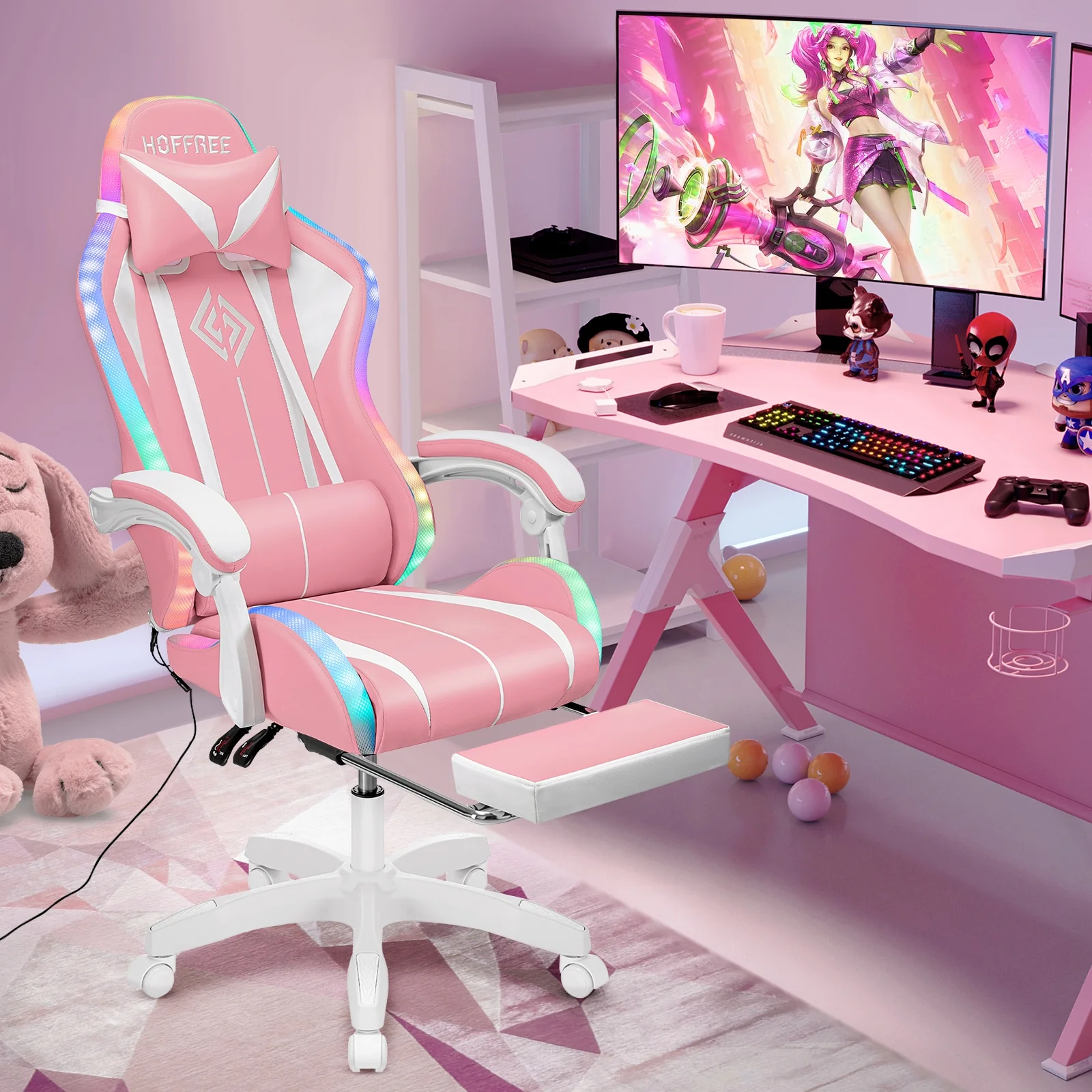 Hoffree Gaming Chair with Massage PU Leather Office Chair with Footrest and LED Light Ergonomic Gamer Chair Lumbar Support Adjustable Headrest High Back Computer Desk Chair for Home Office