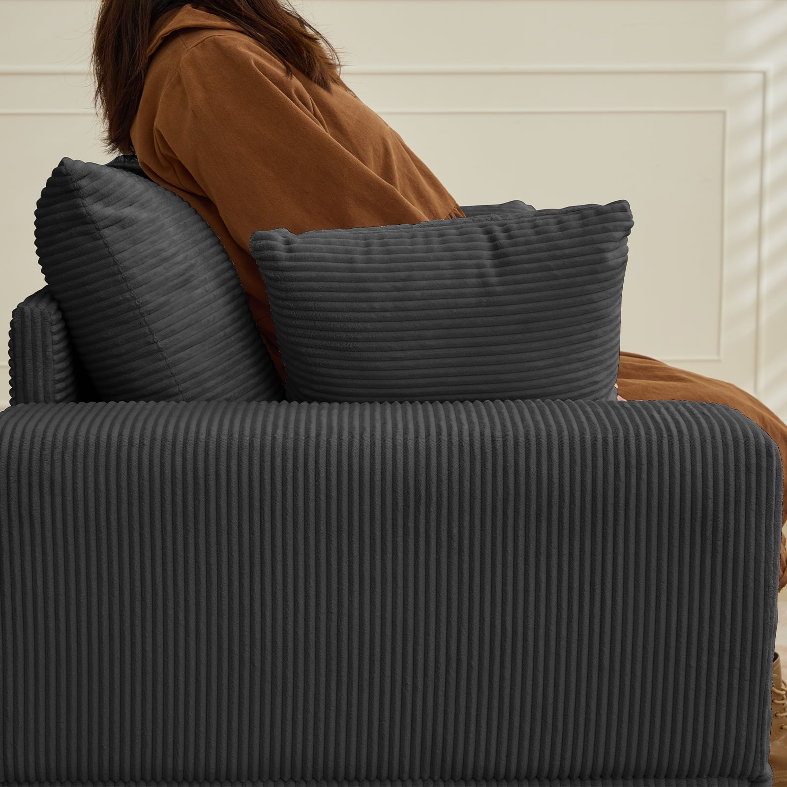 BALUS Chaise Lounge Chair Indoor with Ottoman, Oversized Corduroy Single Sofa Chair with 2 Pillows, Comfy Deap Sleeper Seat for Living Room, Black