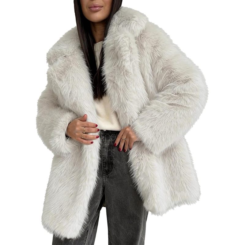 Women Faux Fur Coat Lapel Warm Open Front Winter Outerwear