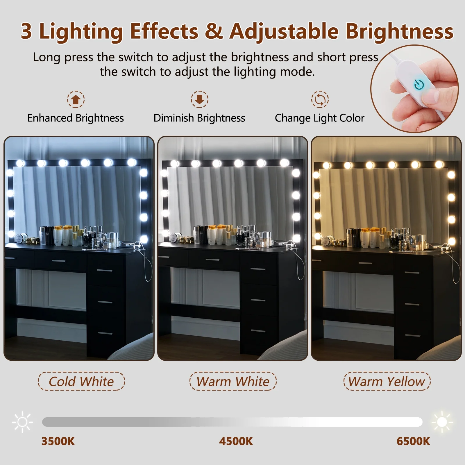 USIKEY Bedroom Adjustable Makeup LED Lights Desk, and Mirror Table Set, White