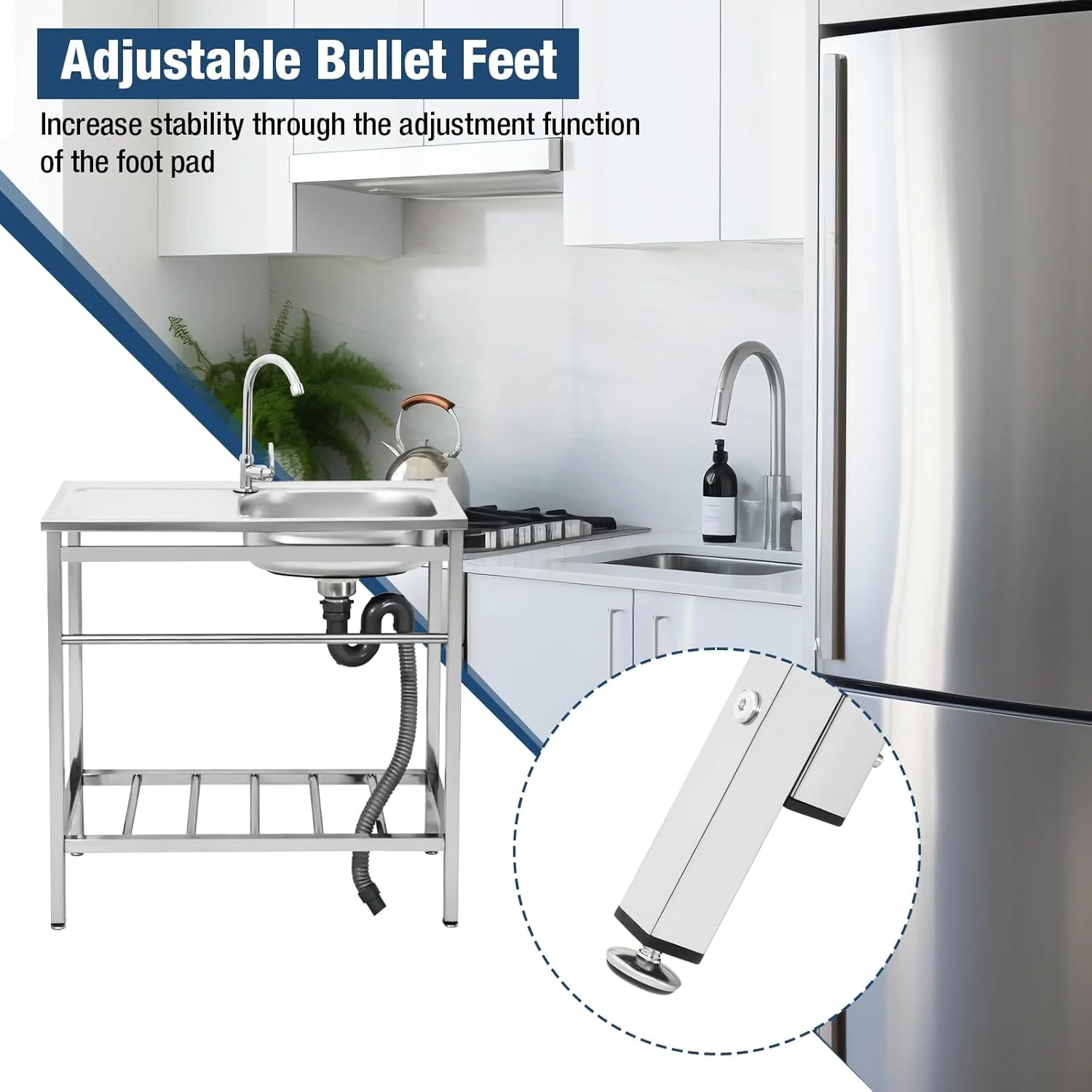 Free Standing Single Bowl Kitchen Sink, Stainless Steel Utility Sink with Cold and Hot Water Hose for Kitchen, Garage, Backyard