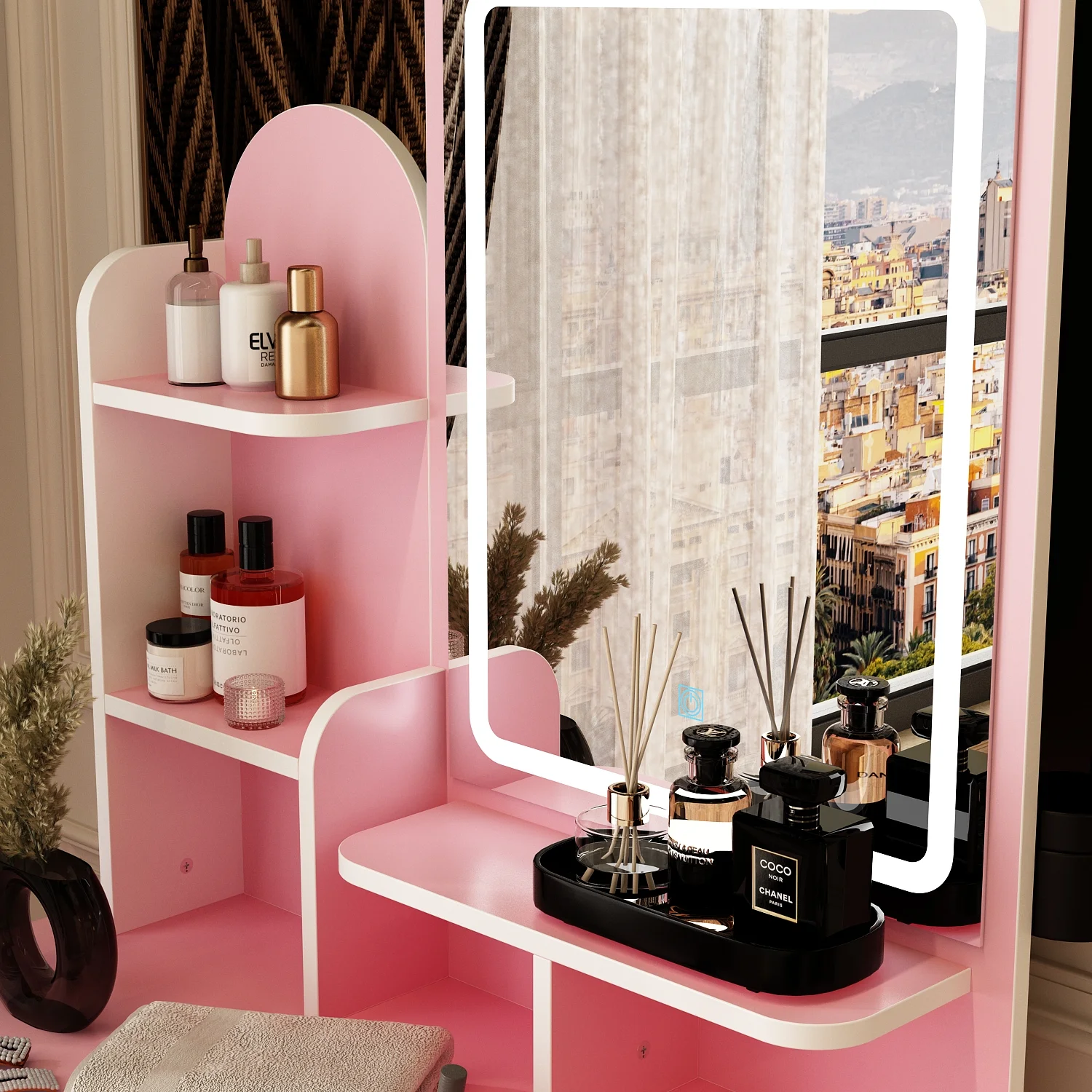 MONSLIPA Makeup Vanity Desk Set w/ Light, Sturdy Dressing Vanity Table with Bench, Shelves & Drawers