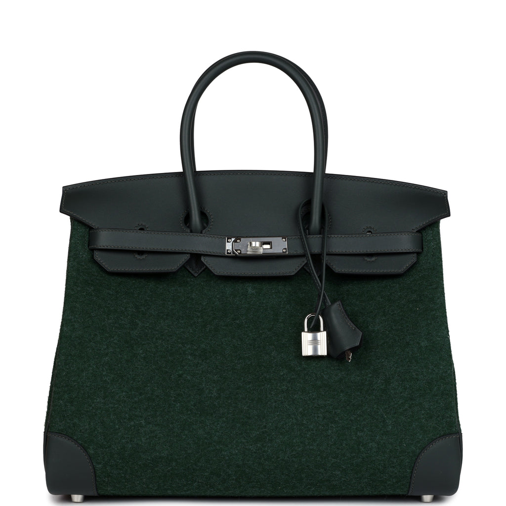 Birkin 35 Vert Anglais Feutre Wool and Vert Fonce Feutre Swift Palladium Hardware